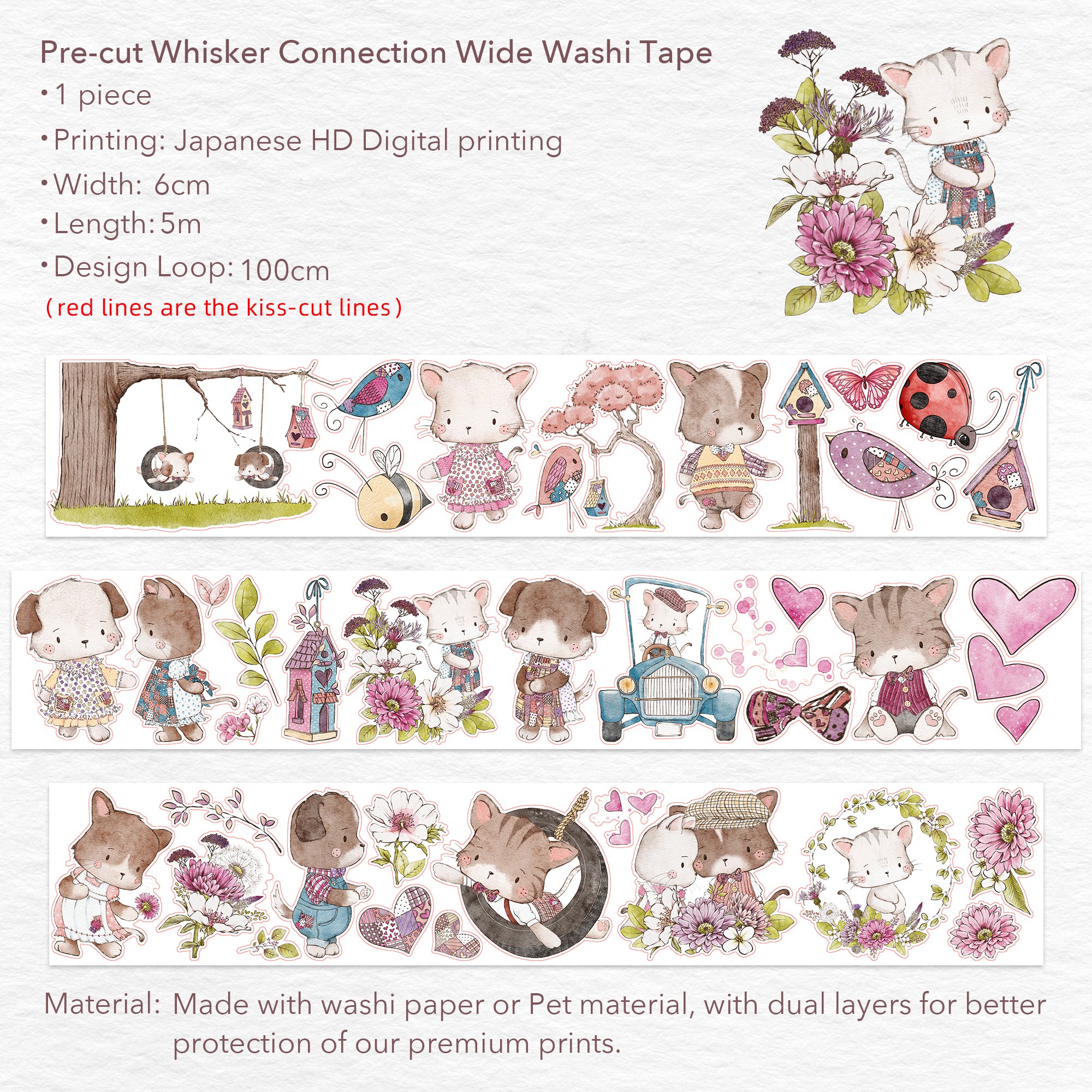 Pre-cut Whisker Connection Wide Washi/PET Tape