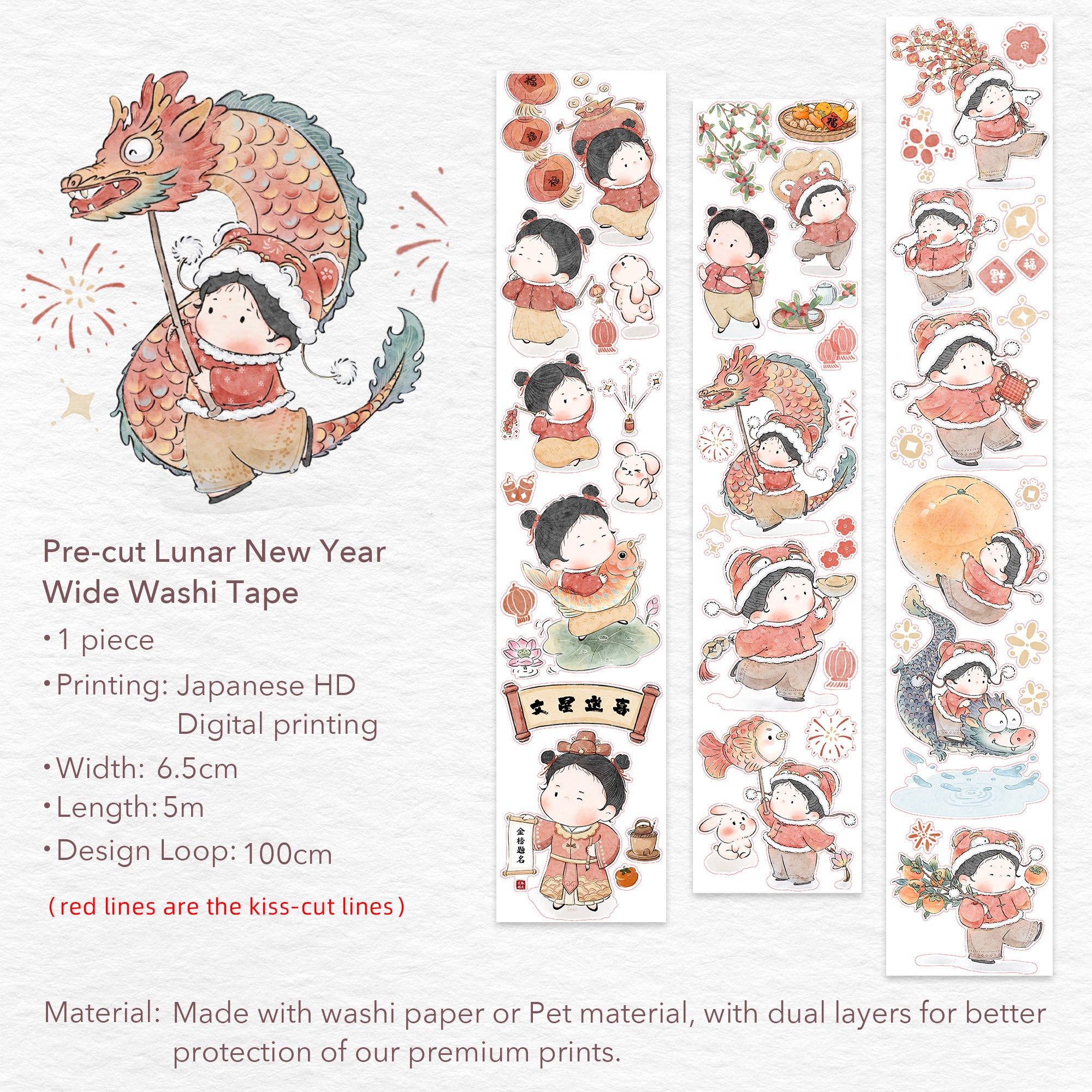 Pre-cut Lunar New Year Wide Washi/PET Tape