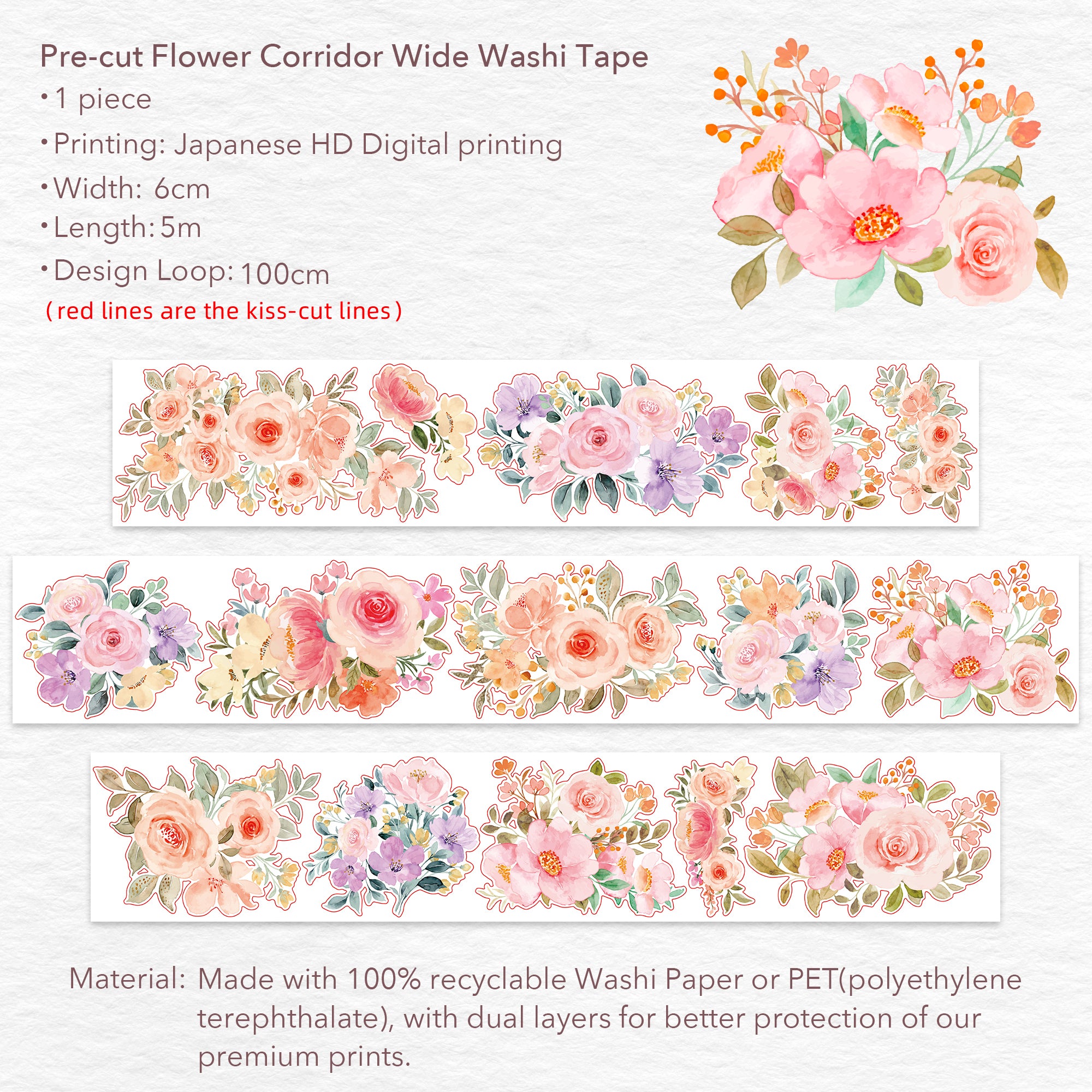 Pre-cut Flower Corridor Wide Washi / PET Tape