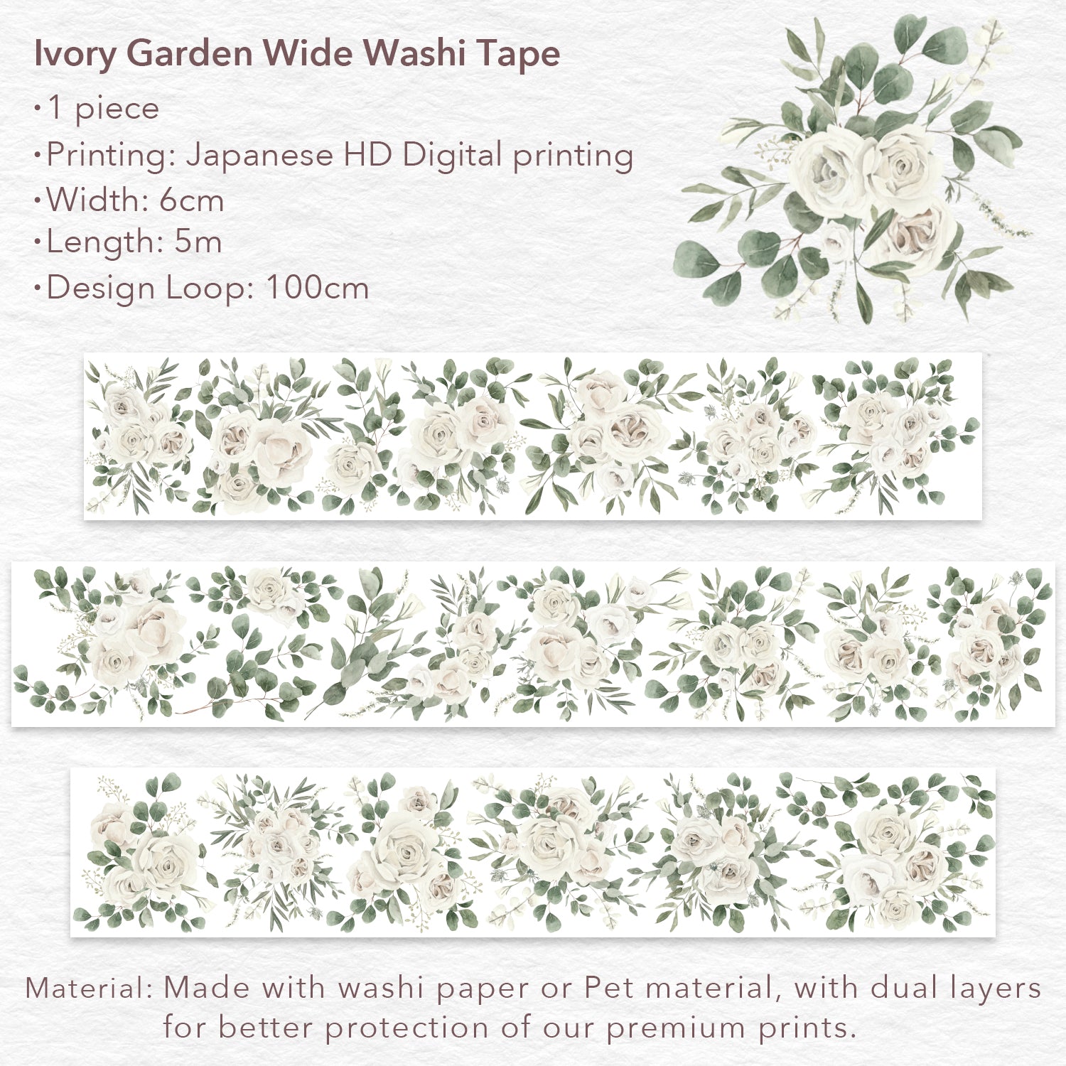 Ivory Garden Wide Washi / PET Tape | The Washi Tape Shop. Beautiful Washi and Decorative Tape For Bullet Journals, Gift Wrapping, Planner Decoration and DIY Projects