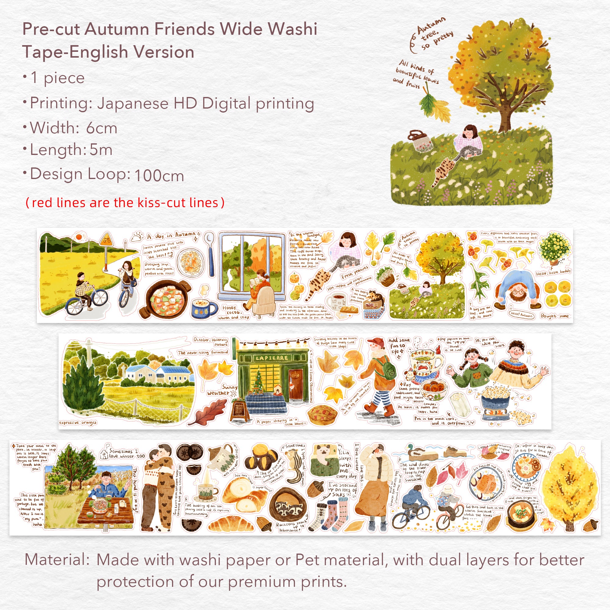 Pre-cut Autumn Friends Wide Washi/PET Tape