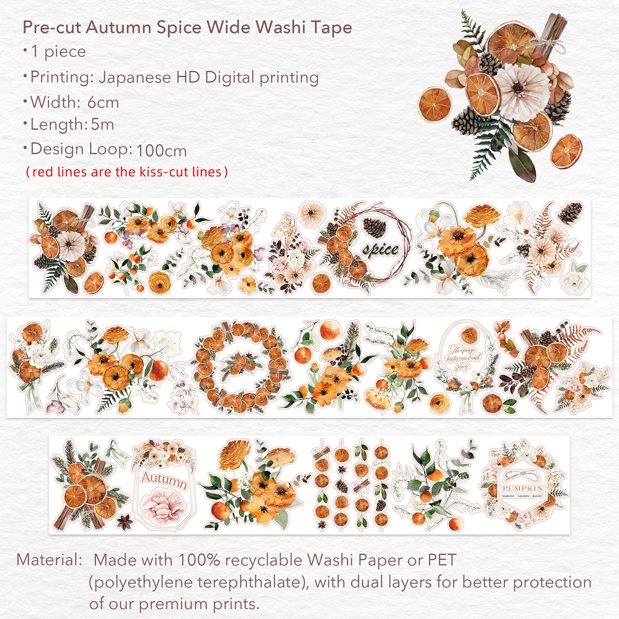 Pre-cut Autumn Spice Wide Washi/PET Tape | The Washi Tape Shop. Beautiful Washi and Decorative Tape For Bullet Journals, Gift Wrapping, Planner Decoration and DIY Projects