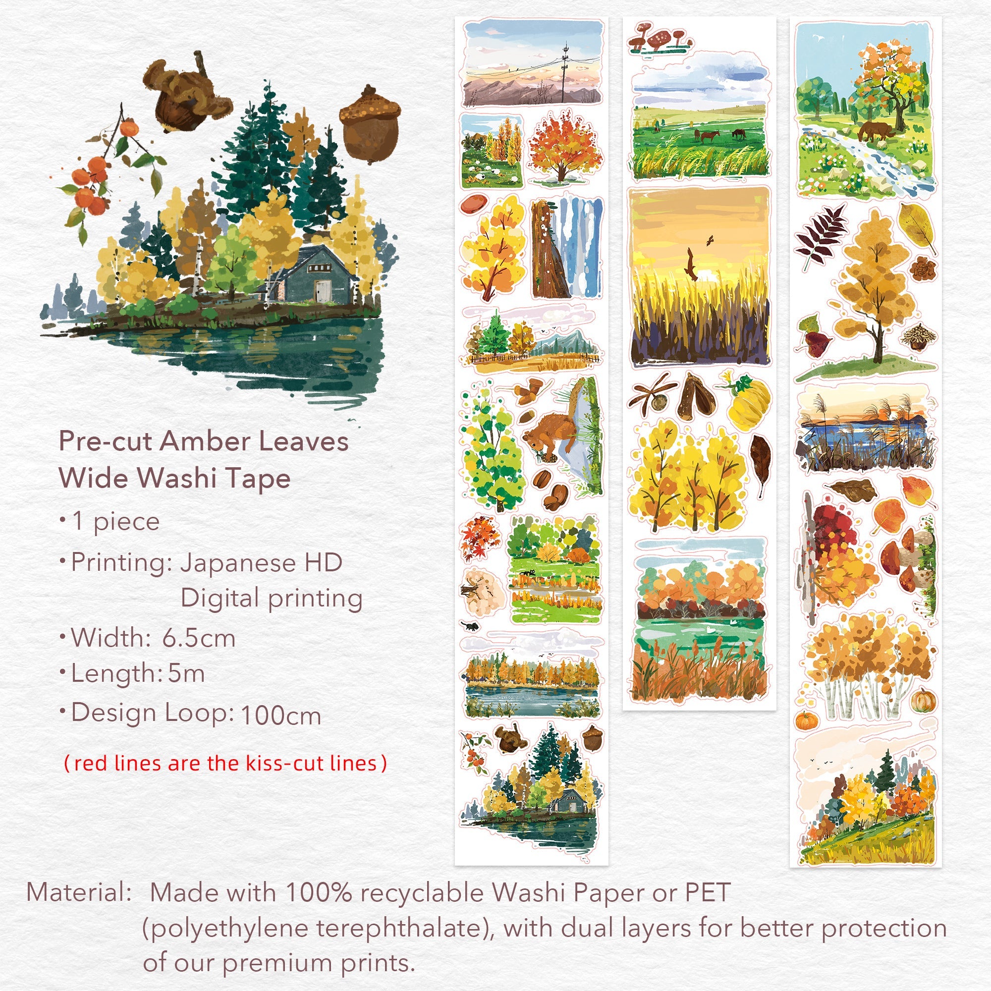 Pre-cut Amber Leaves Wide Washi/PET Tape | The Washi Tape Shop. Beautiful Washi and Decorative Tape For Bullet Journals, Gift Wrapping, Planner Decoration and DIY Projects