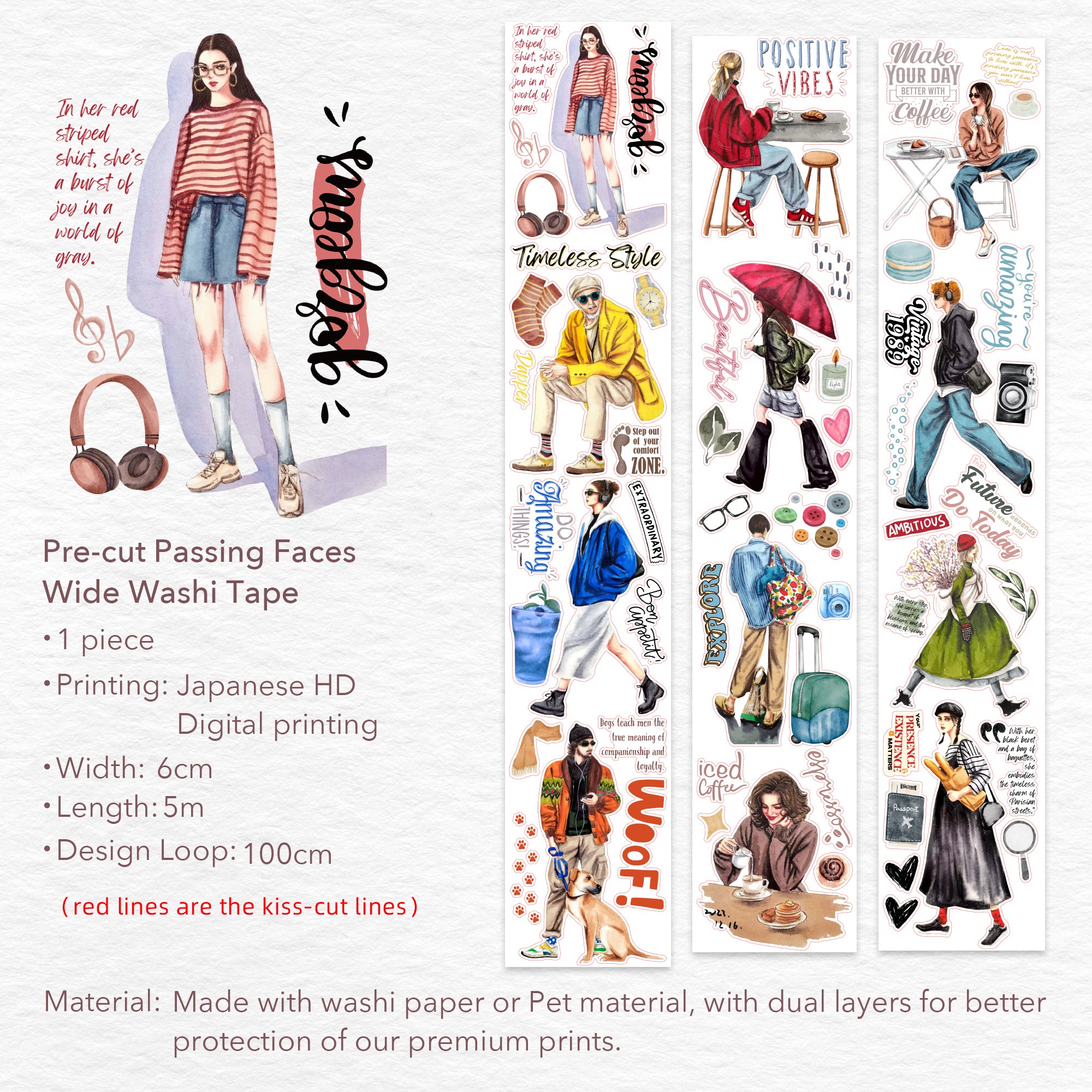 Pre-cut Passing Faces Wide Washi/PET Tape