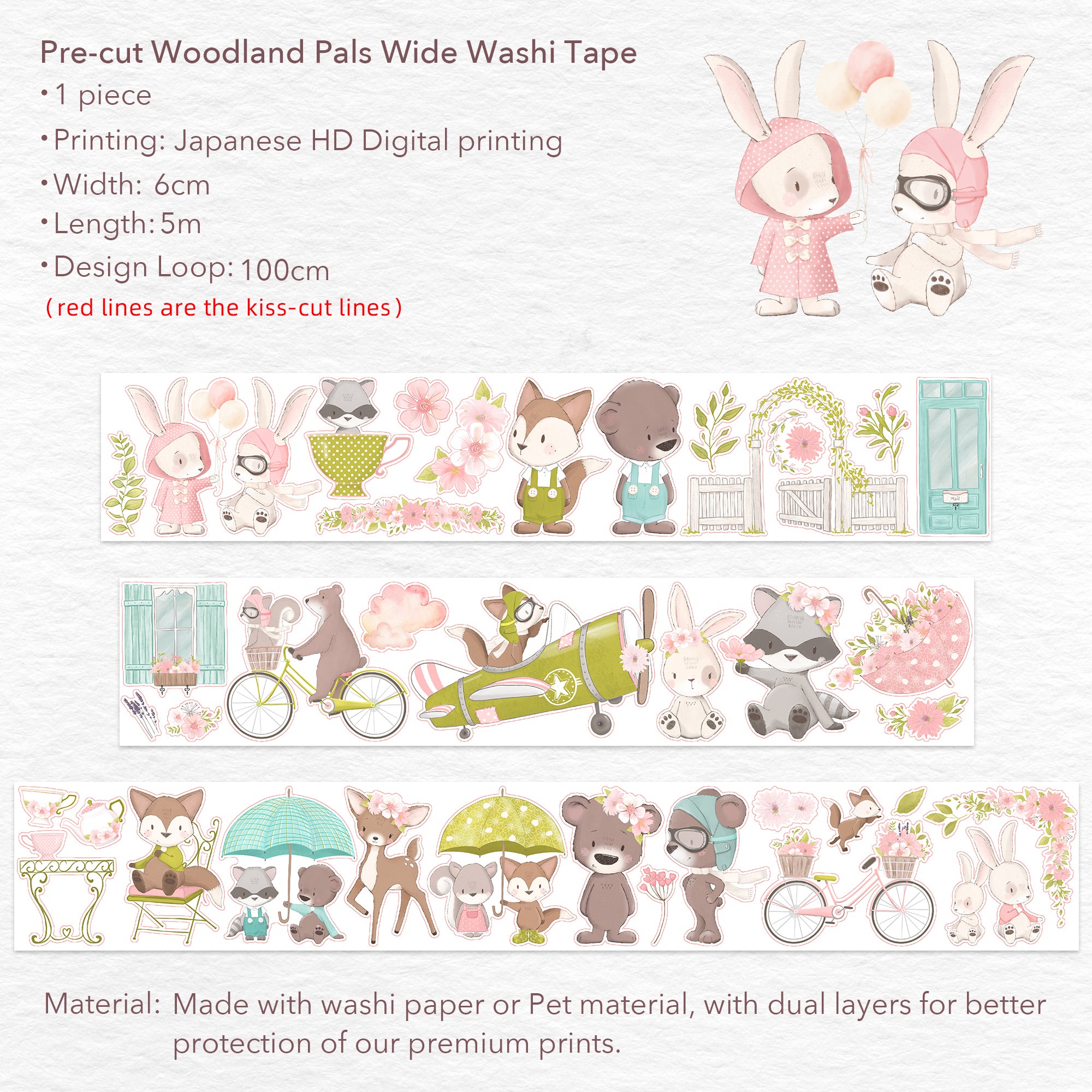 Pre-cut Woodland Pals Wide Washi/PET Tape