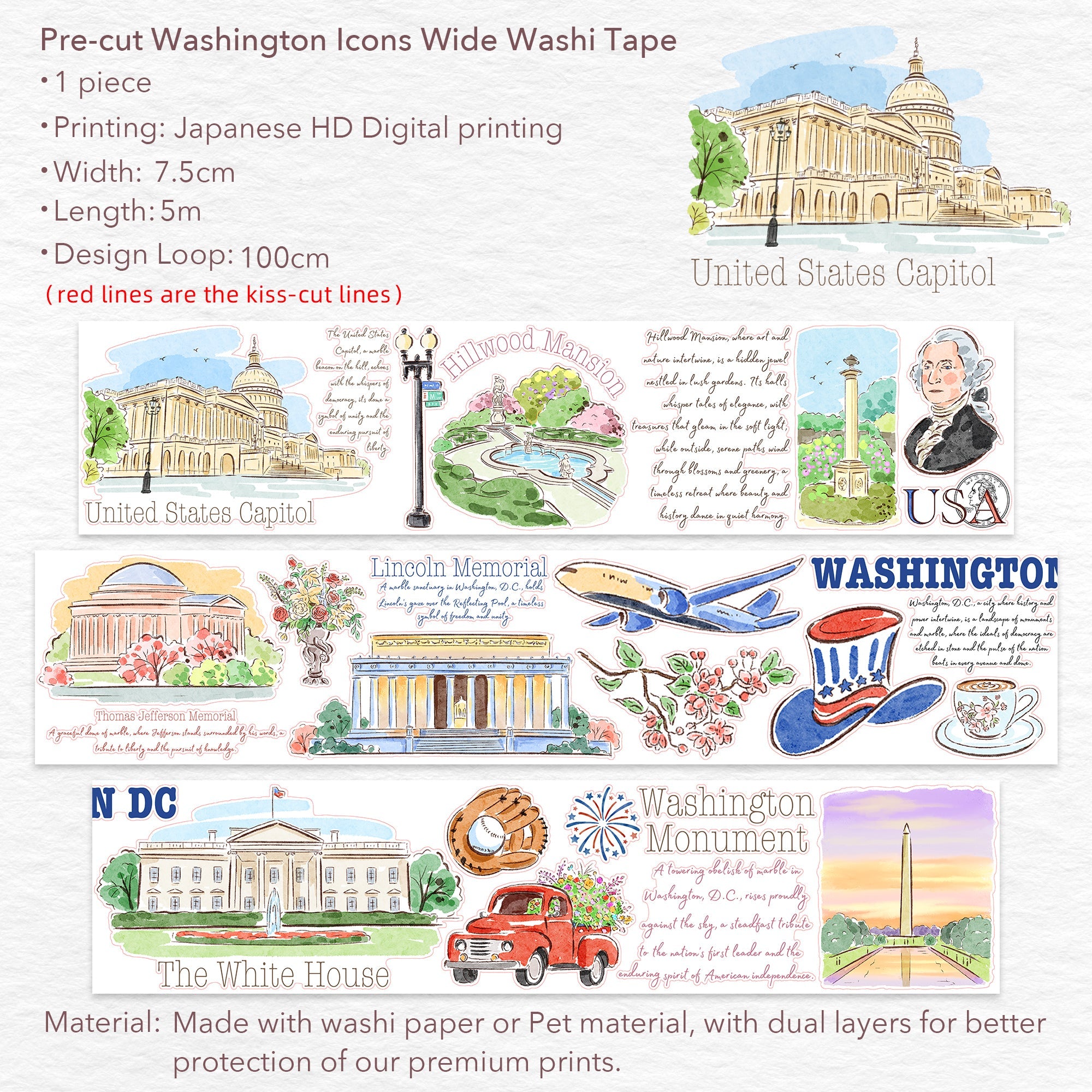 Pre-cut Washington Icons Wide Washi/PET Tape | The Washi Tape Shop. Beautiful Washi and Decorative Tape For Bullet Journals, Gift Wrapping, Planner Decoration and DIY Projects