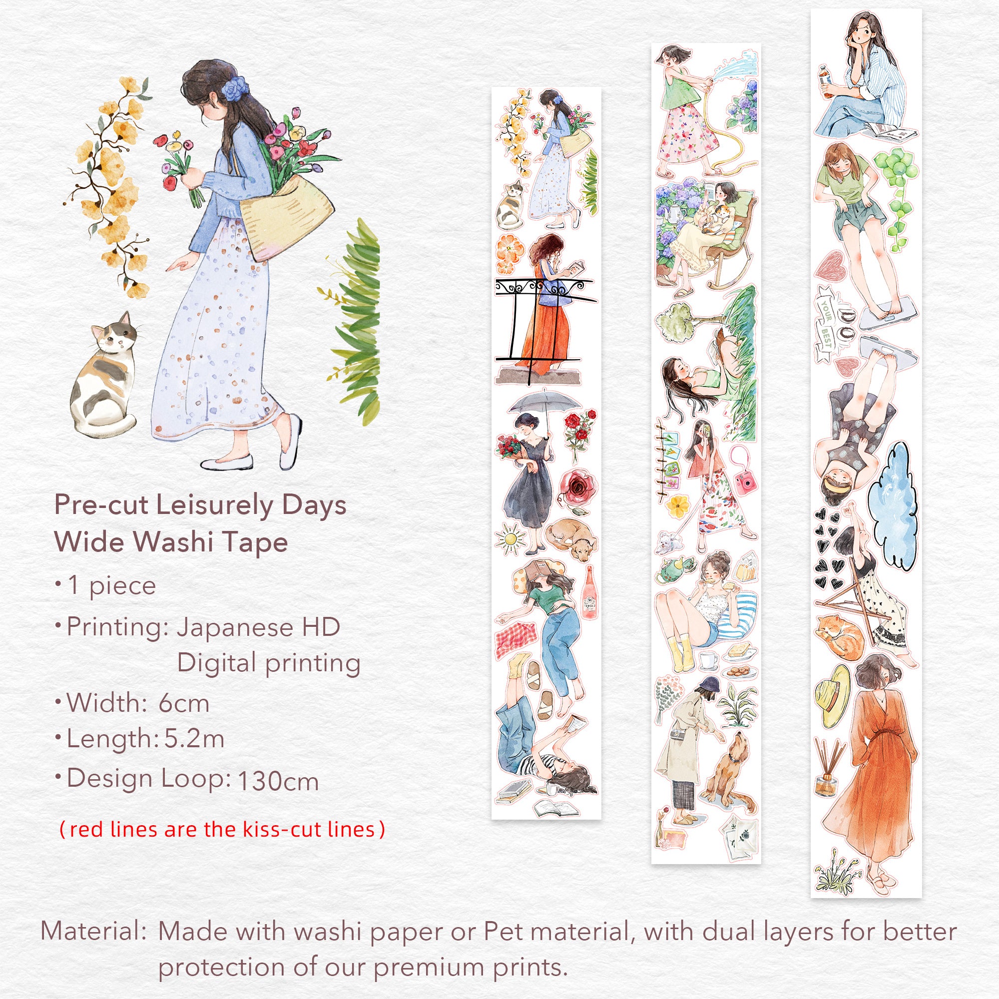 Pre-cut Leisurely Days Wide Washi/PET Tape