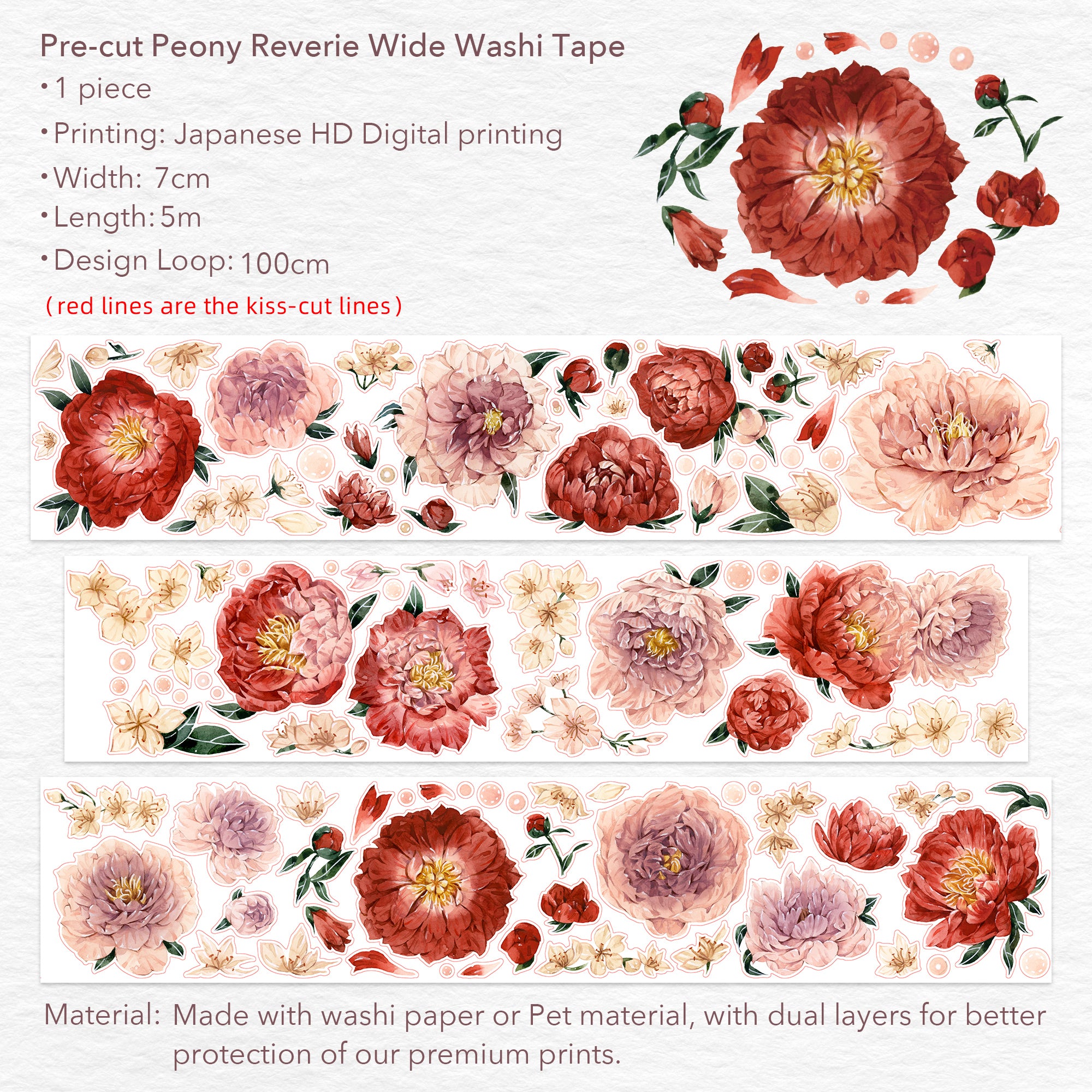 Pre-cut Peony Reverie Wide Washi/PET Tape