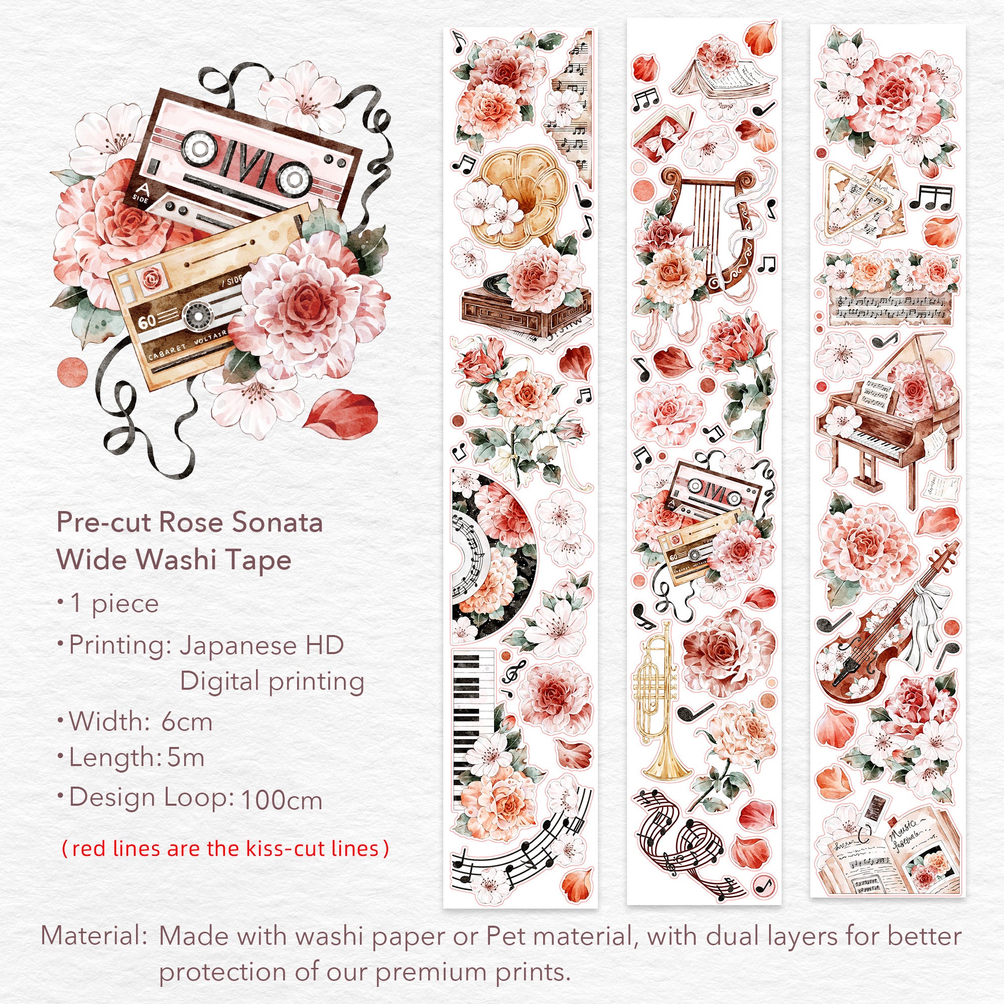 Pre-cut Rose Sonata Wide Washi/PET Tape | The Washi Tape Shop