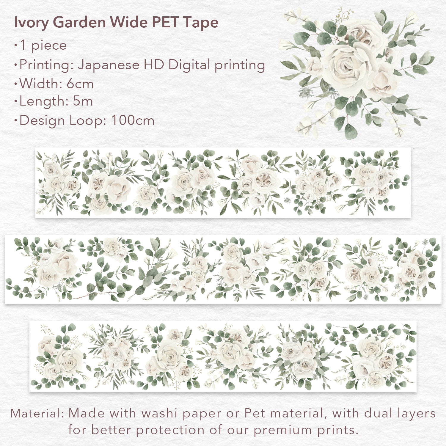 Ivory Garden Wide Washi / PET Tape | The Washi Tape Shop. Beautiful Washi and Decorative Tape For Bullet Journals, Gift Wrapping, Planner Decoration and DIY Projects