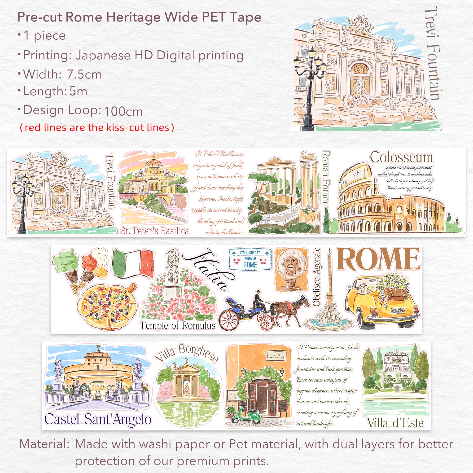 Pre-cut Rome Heritage Wide Washi/PET Tape