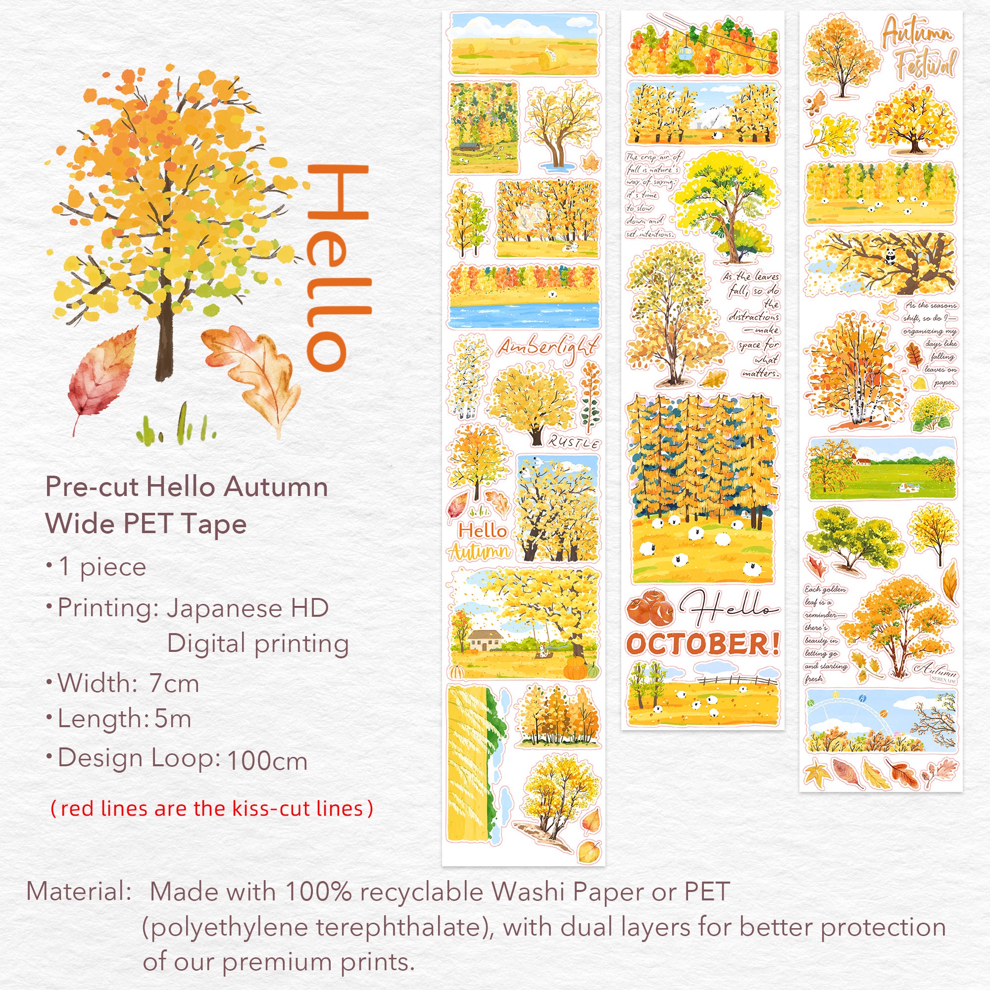 Pre-cut Hello Autumn Wide Washi/PET Tape