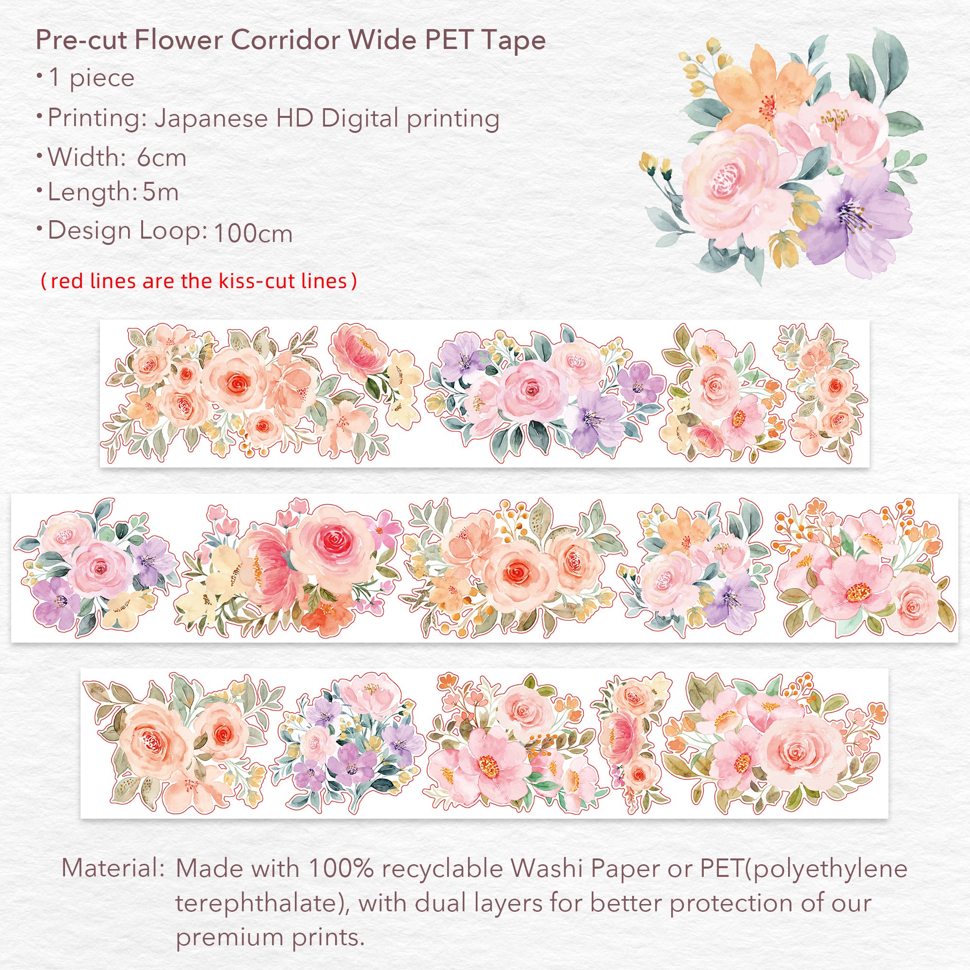Pre-cut Flower Corridor Wide Washi / PET Tape