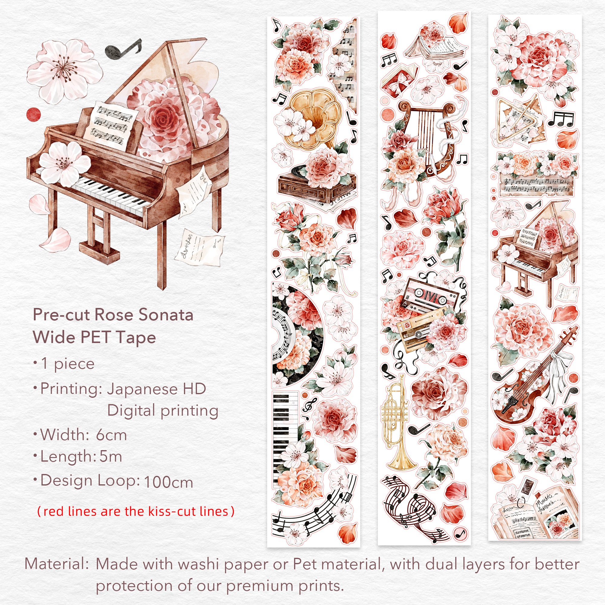 Pre-cut Rose Sonata Wide Washi/PET Tape | The Washi Tape Shop