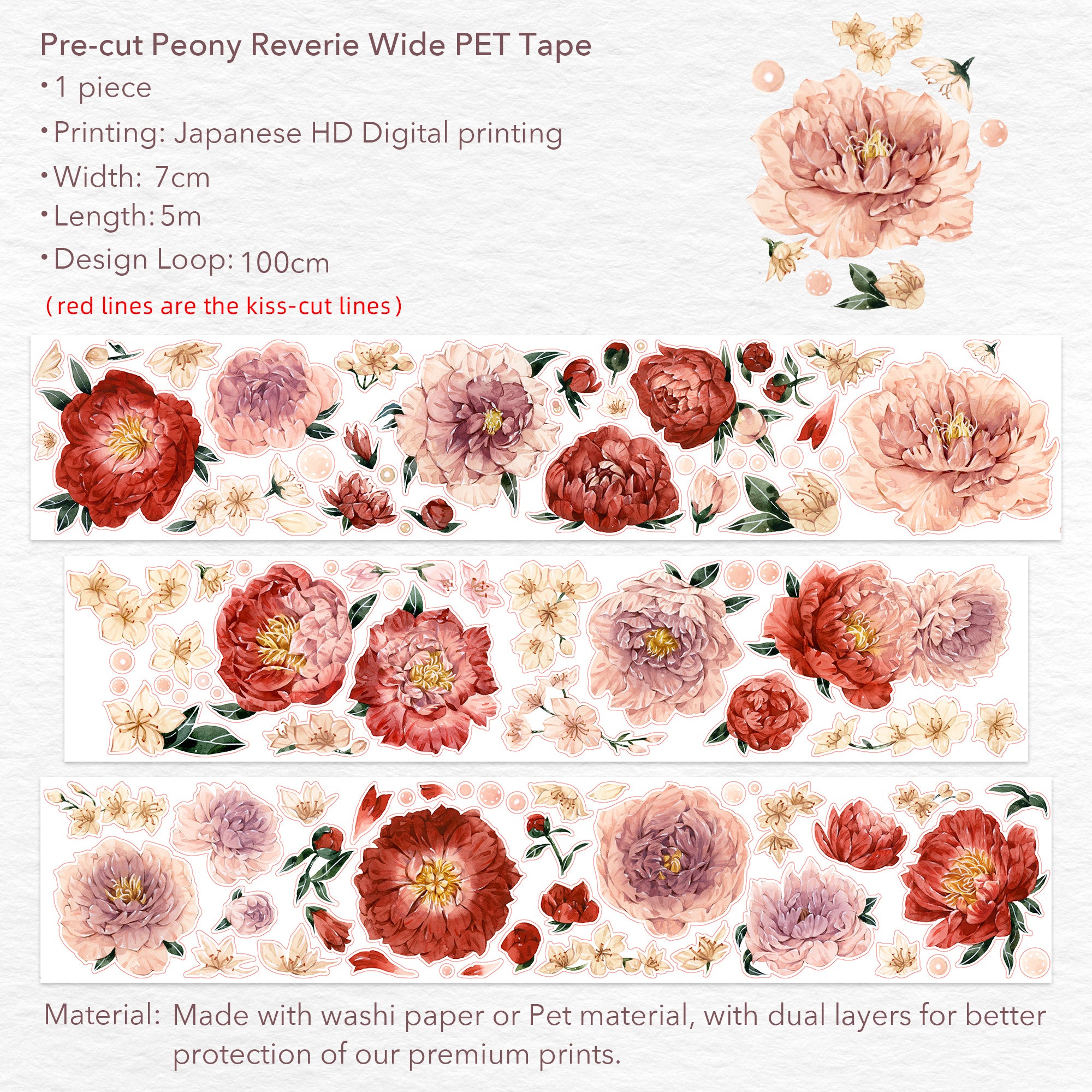 Pre-cut Peony Reverie Wide Washi/PET Tape