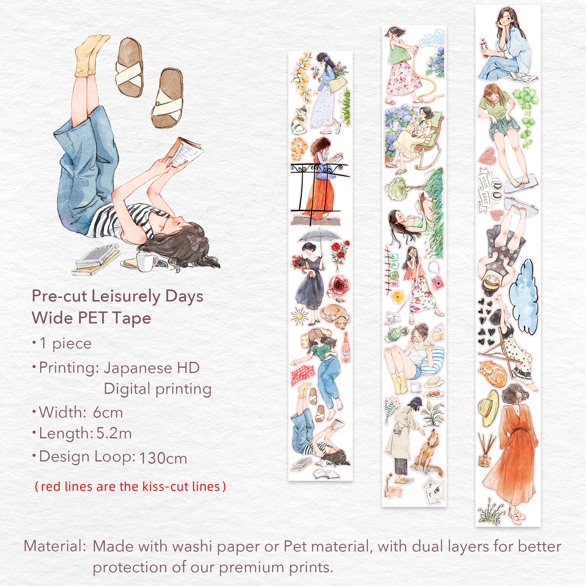 Pre-cut Leisurely Days Wide Washi/PET Tape