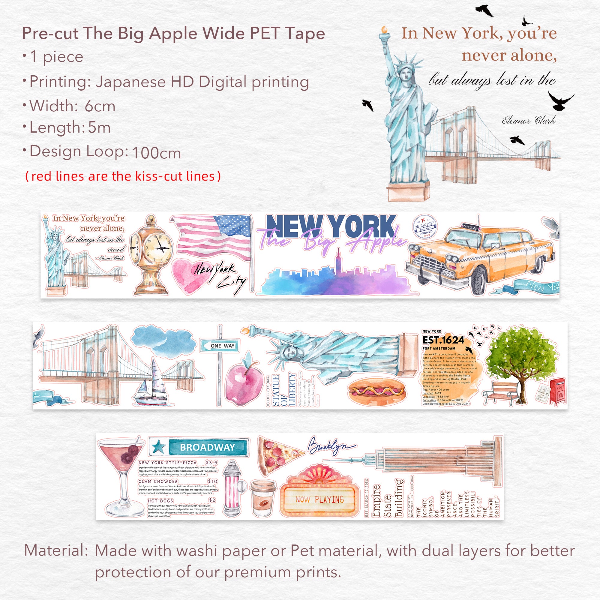 Pre-cut The Big Apple Wide Washi / PET Tape