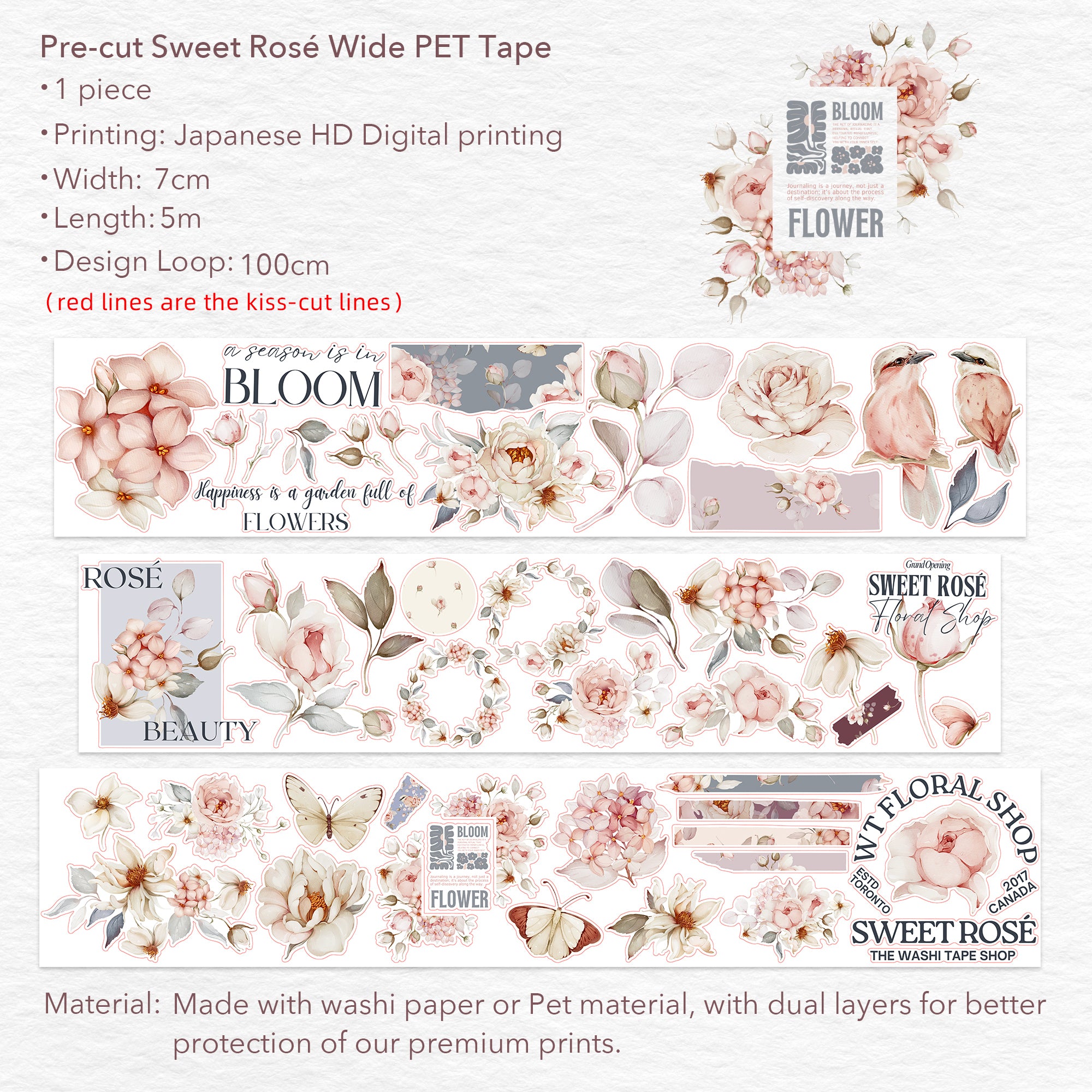 Pre-cut Sweet Rosé Wide Washi/PET Tape | The Washi Tape Shop