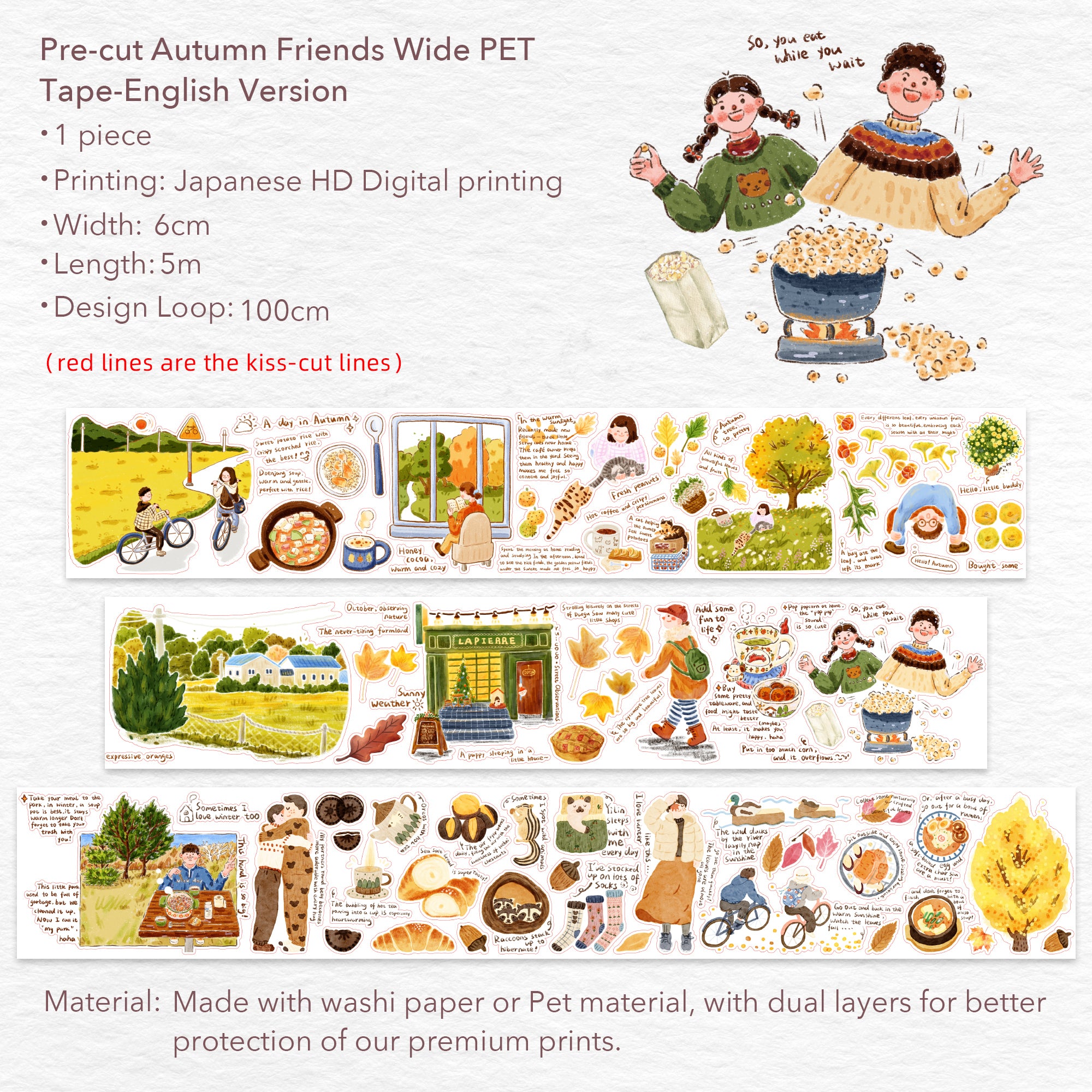 Pre-cut Autumn Friends Wide Washi/PET Tape