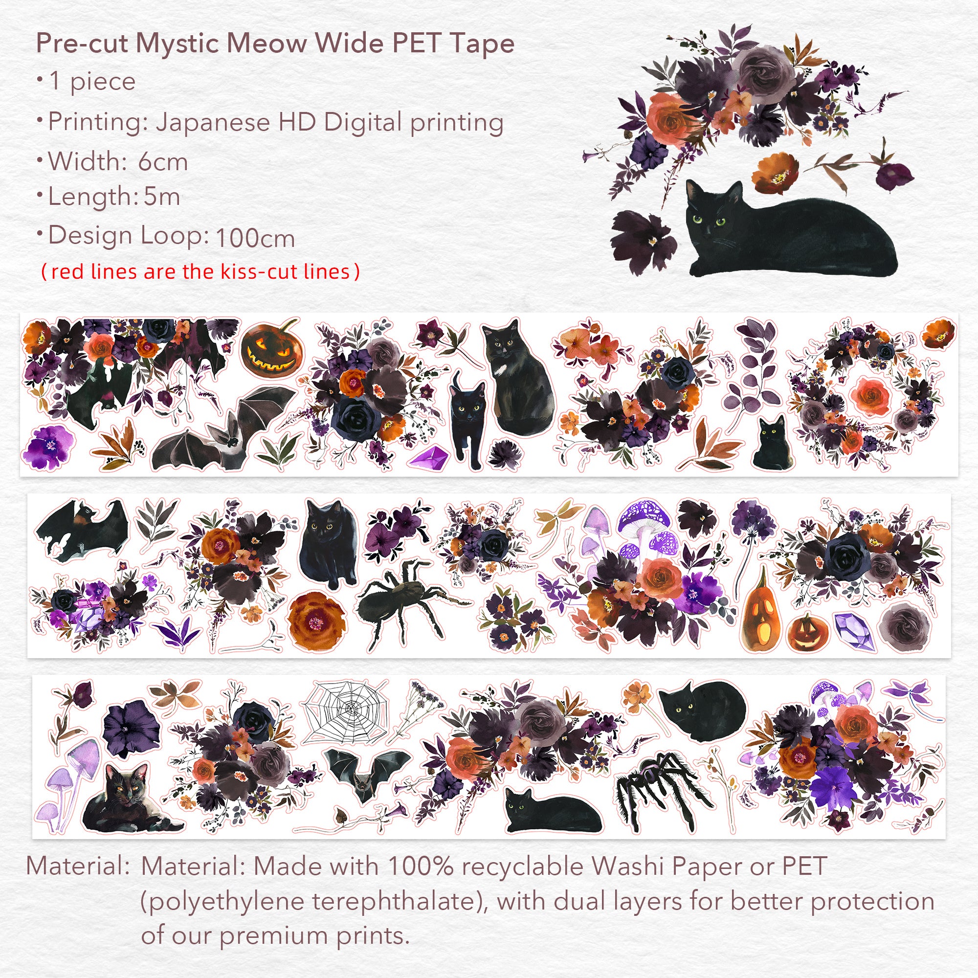 Pre-cut Mystic Meow Wide Washi/PET Tape