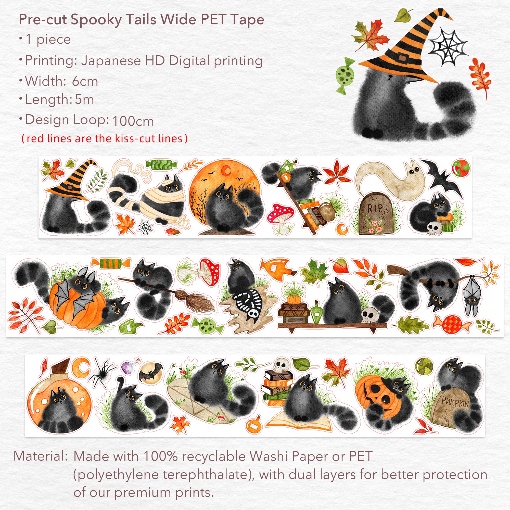 Pre-cut Spooky Tails Wide Washi/PET Tape | The Washi Tape Shop. Beautiful Washi and Decorative Tape For Bullet Journals, Gift Wrapping, Planner Decoration and DIY Projects