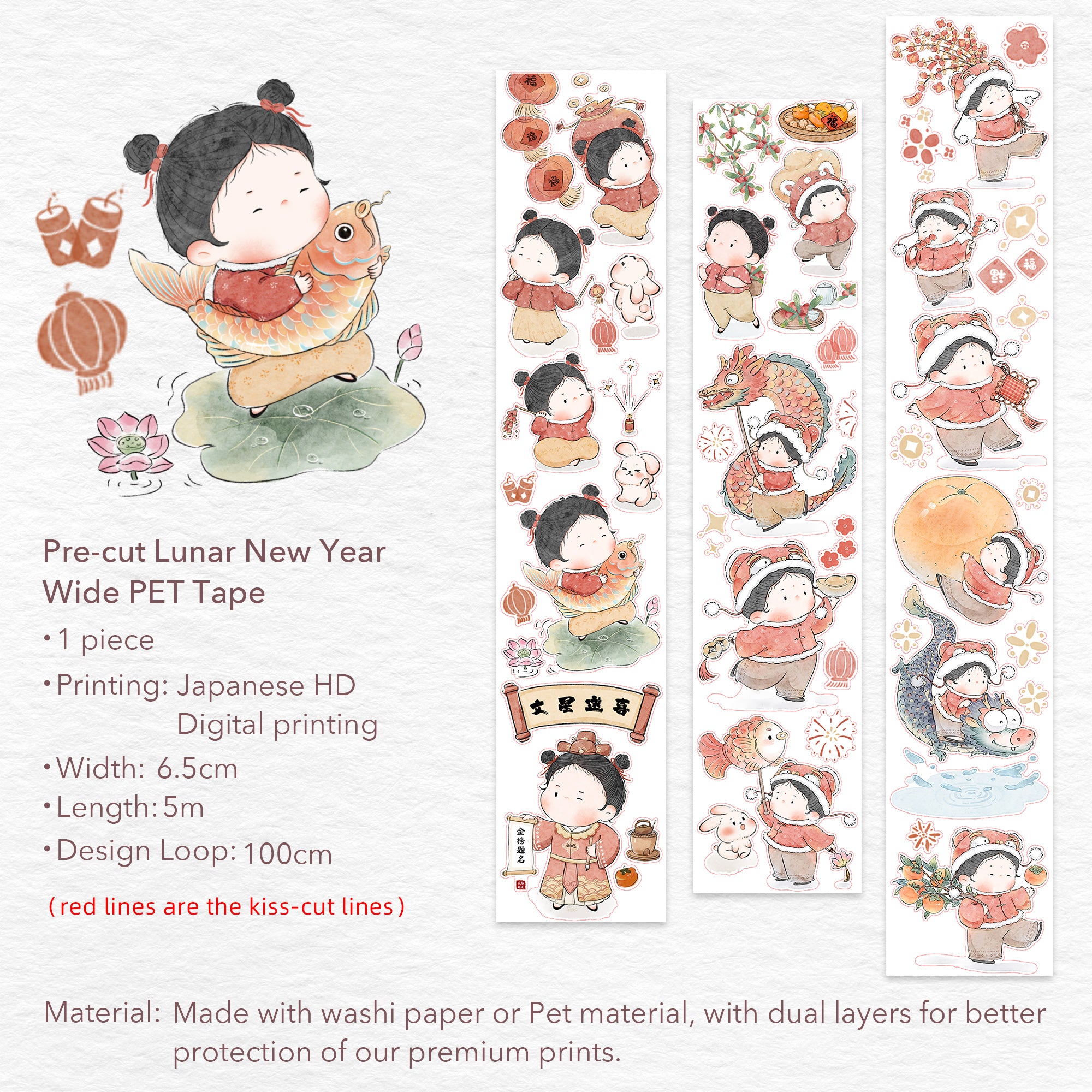 Pre-cut Lunar New Year Wide Washi/PET Tape