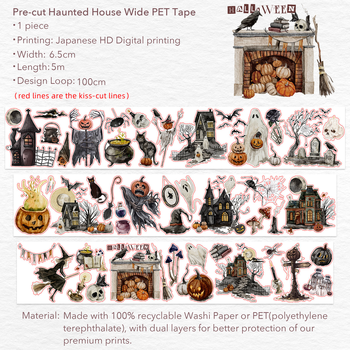 Pre-cut Haunted House Wide Washi/PET Tape