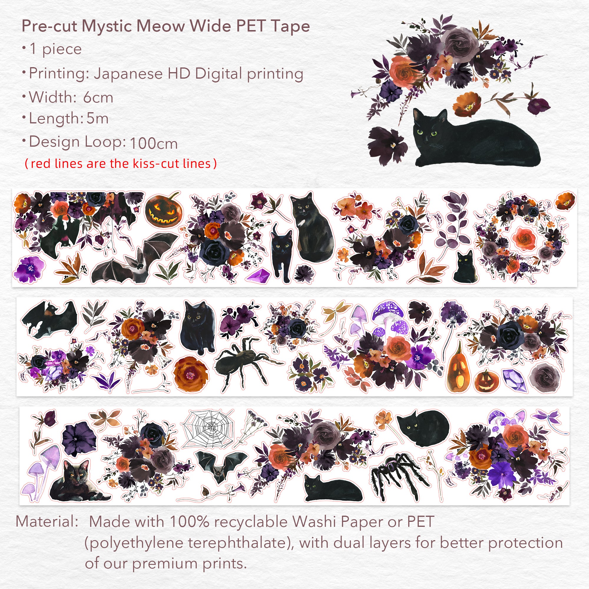 Pre-cut Mystic Meow Wide Washi/PET Tape