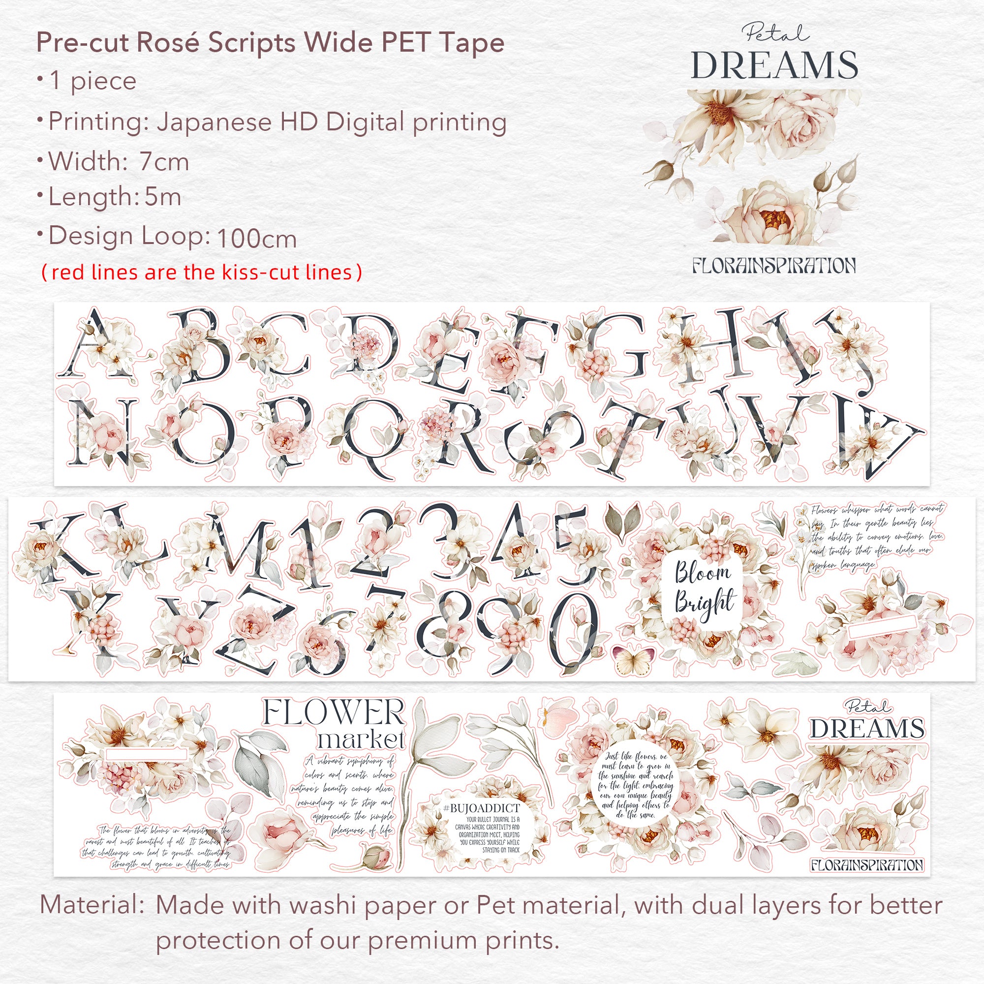 Pre-cut Rosé Scripts Wide Washi/PET Tape | The Washi Tape Shop