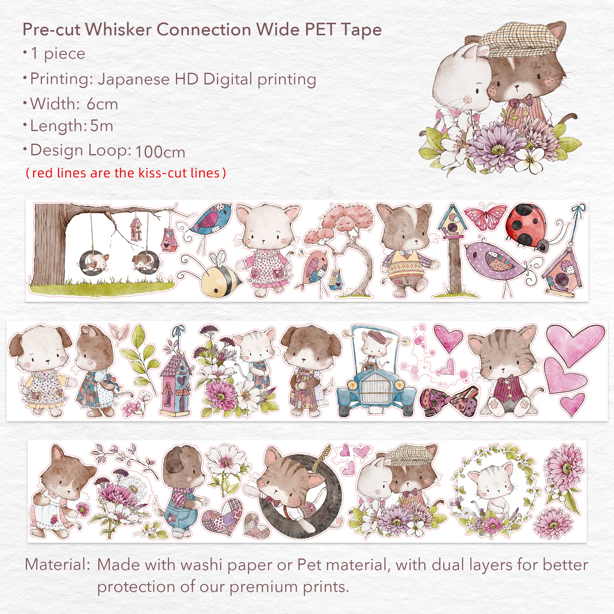 Pre-cut Whisker Connection Wide Washi/PET Tape