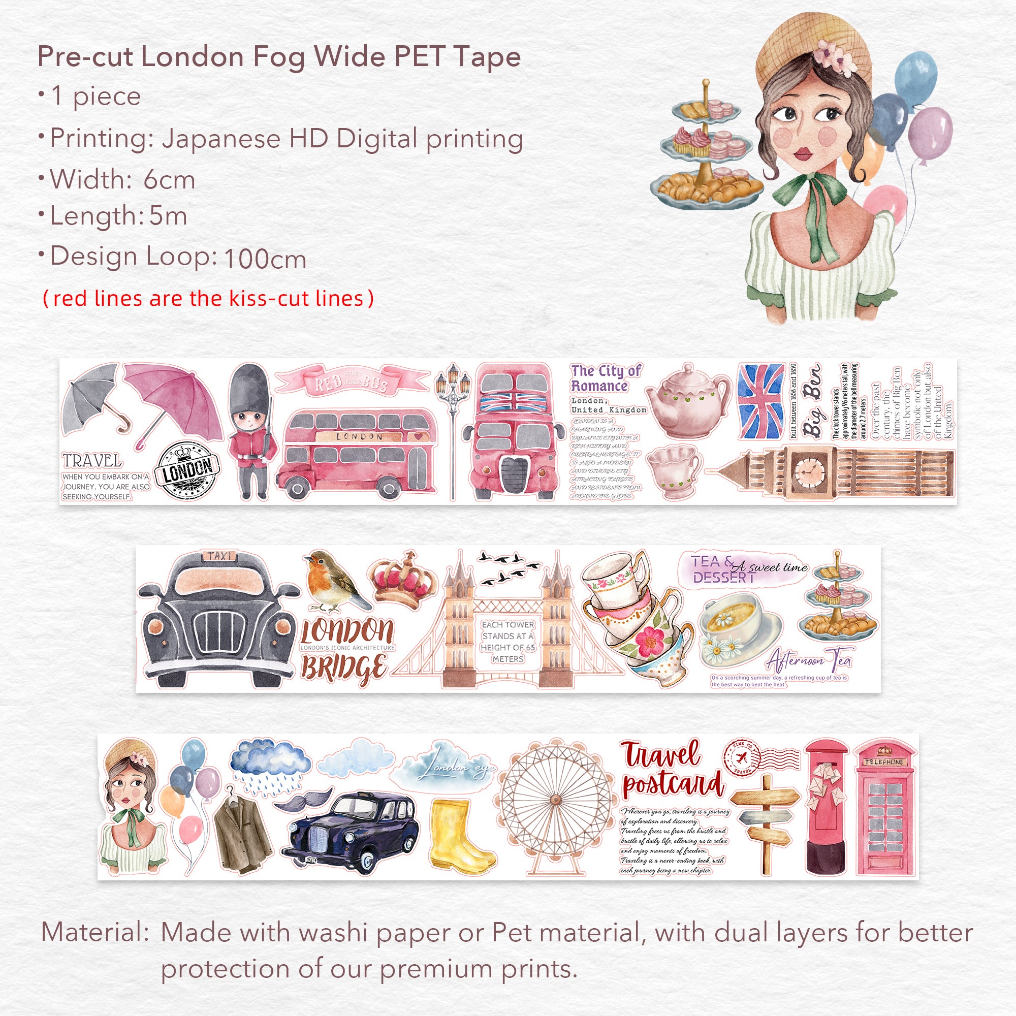 Pre-cut London Fog Wide Washi / PET Tape