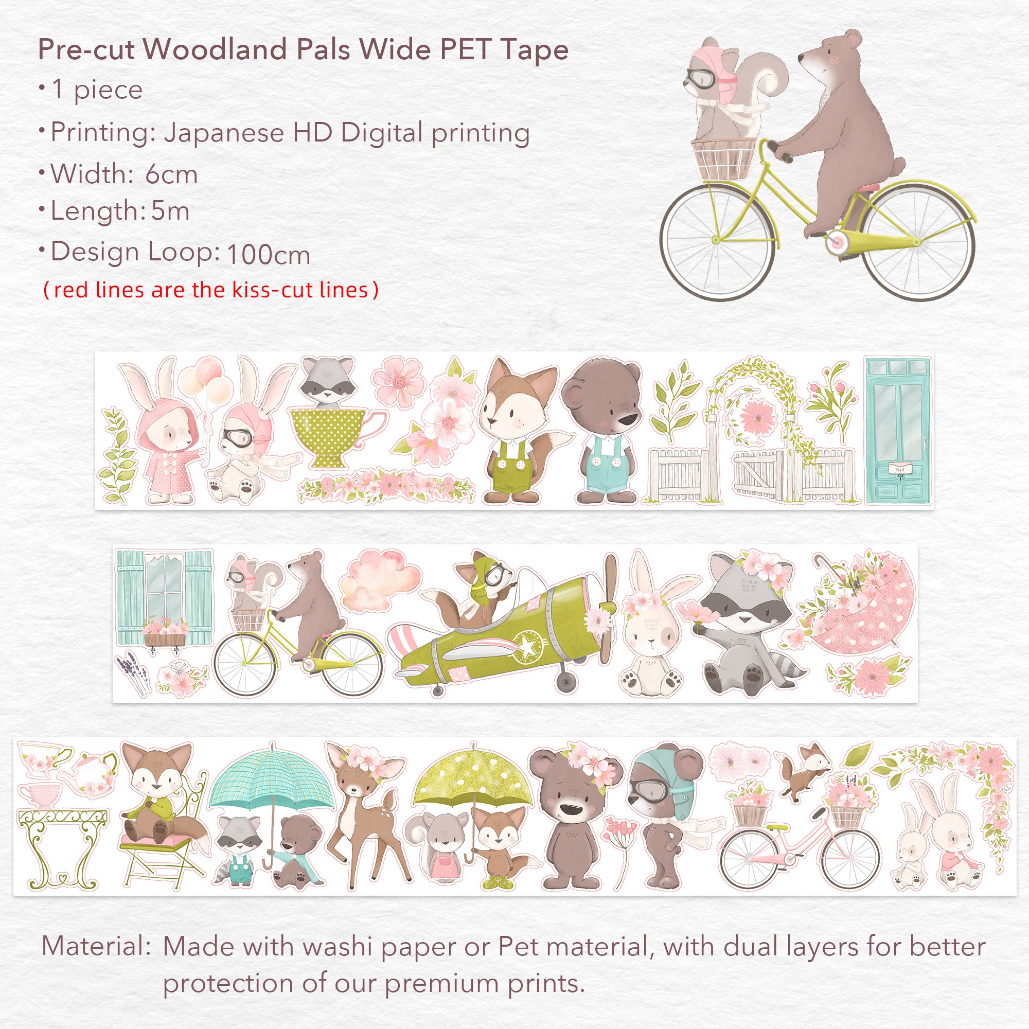 Pre-cut Woodland Pals Wide Washi/PET Tape