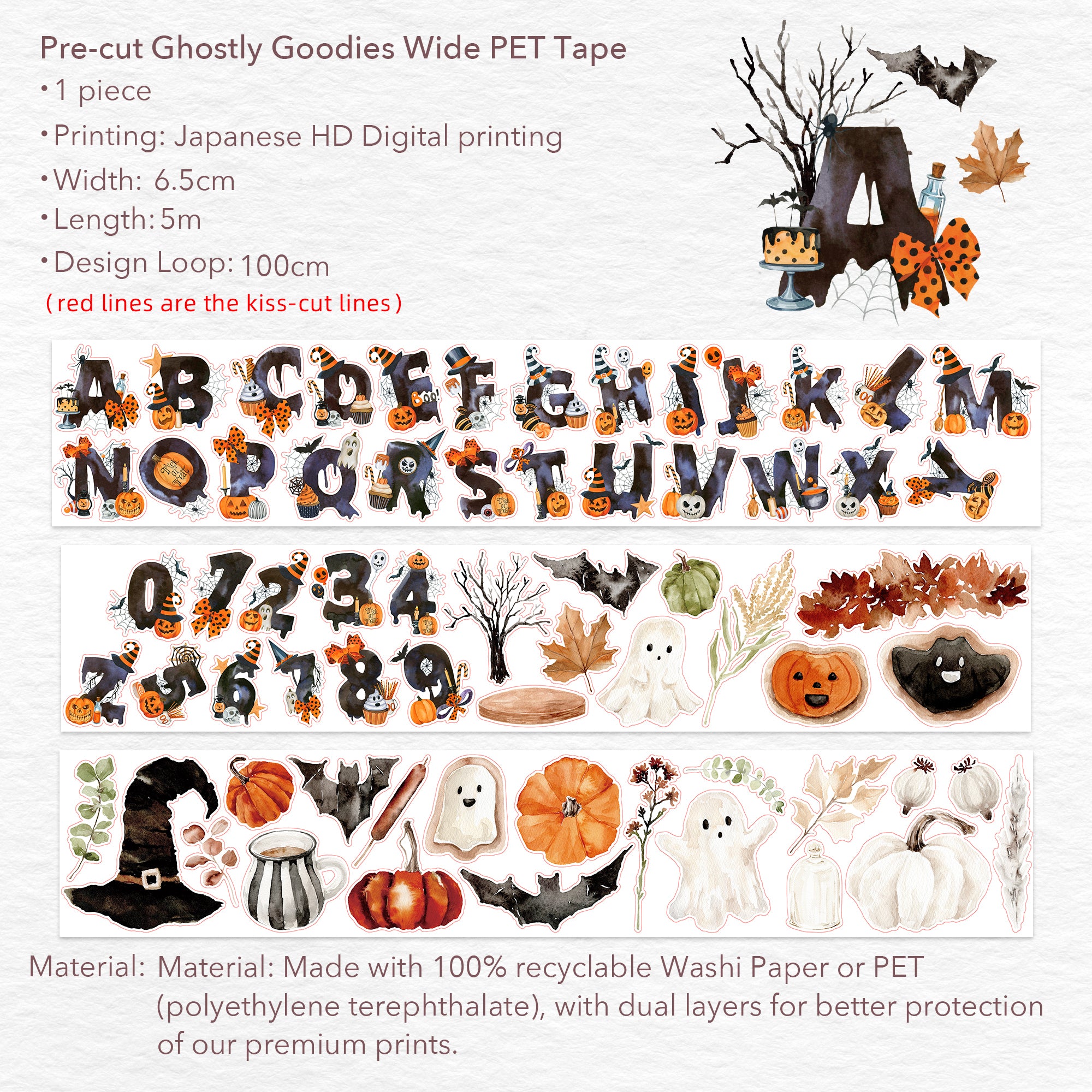 Pre-cut Ghostly Goodies Wide Washi/PET Tape