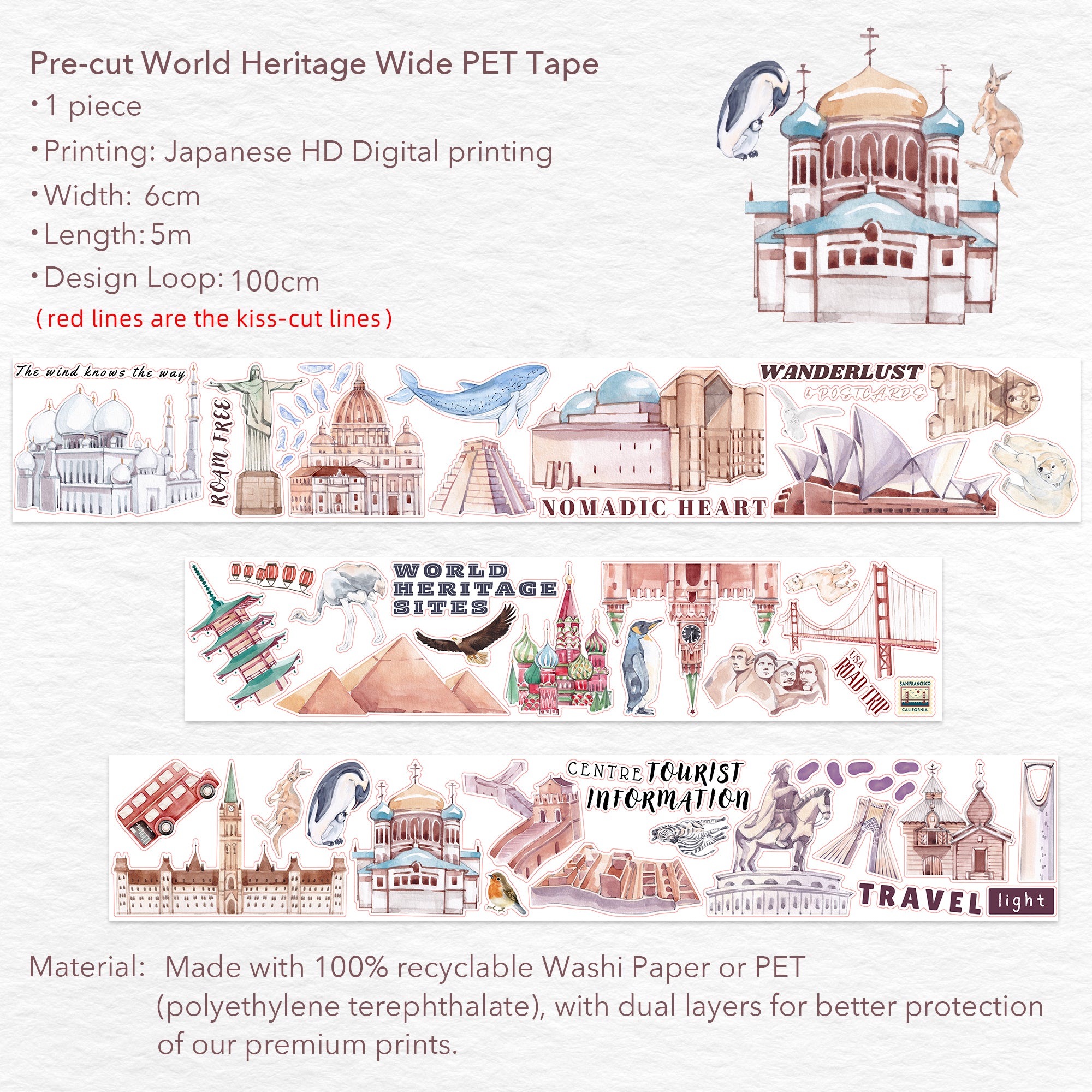 Pre-cut World Heritage Wide Washi/PET Tape
