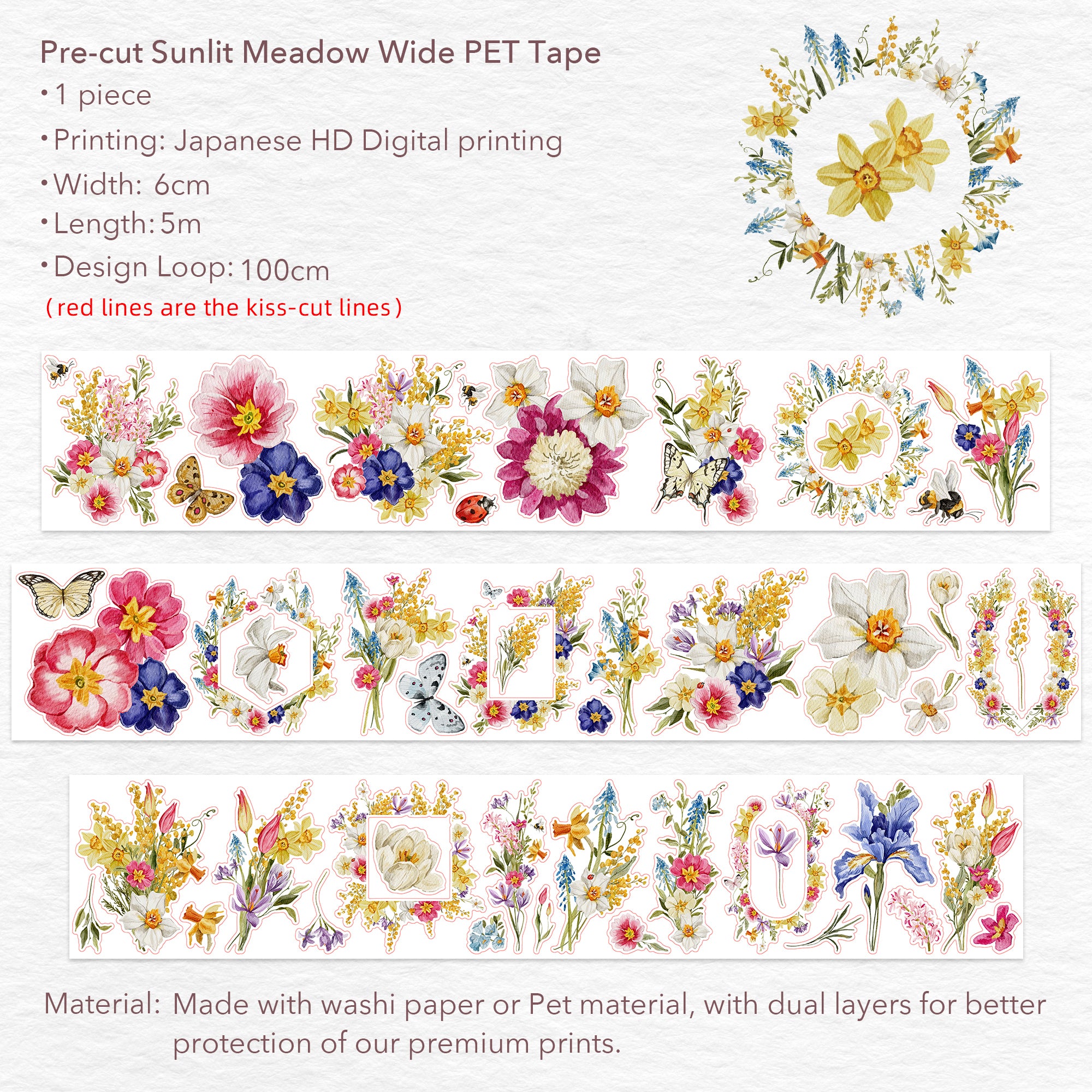 Pre-cut Sunlit Meadow Wide Washi/PET Tape