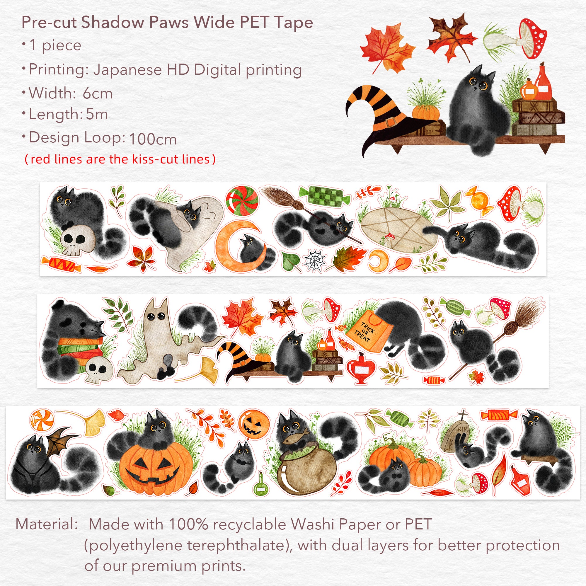 Pre-cut Shadow Paws Wide Washi/PET Tape | The Washi Tape Shop. Beautiful Washi and Decorative Tape For Bullet Journals, Gift Wrapping, Planner Decoration and DIY Projects