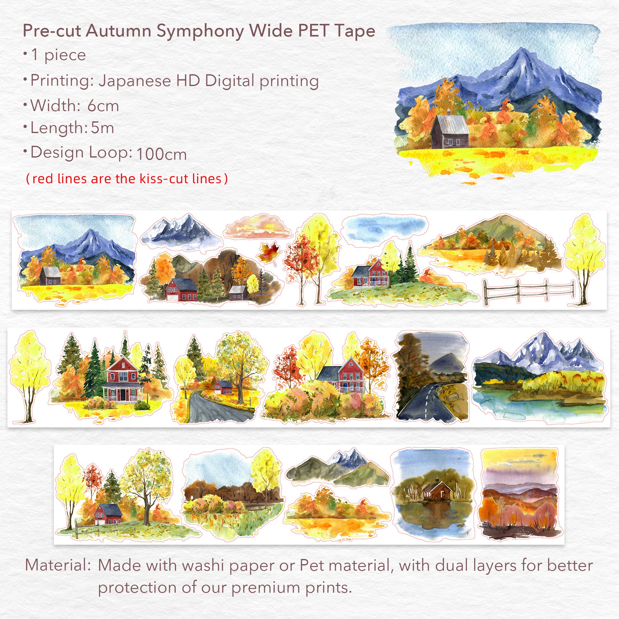 Pre-cut Autumn Symphony Wide Washi/PET Tape