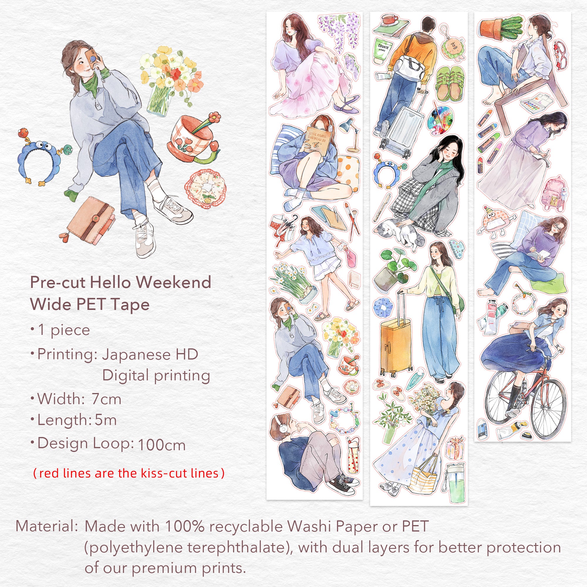 Pre-cut Hello Weekend Wide Washi/PET Tape