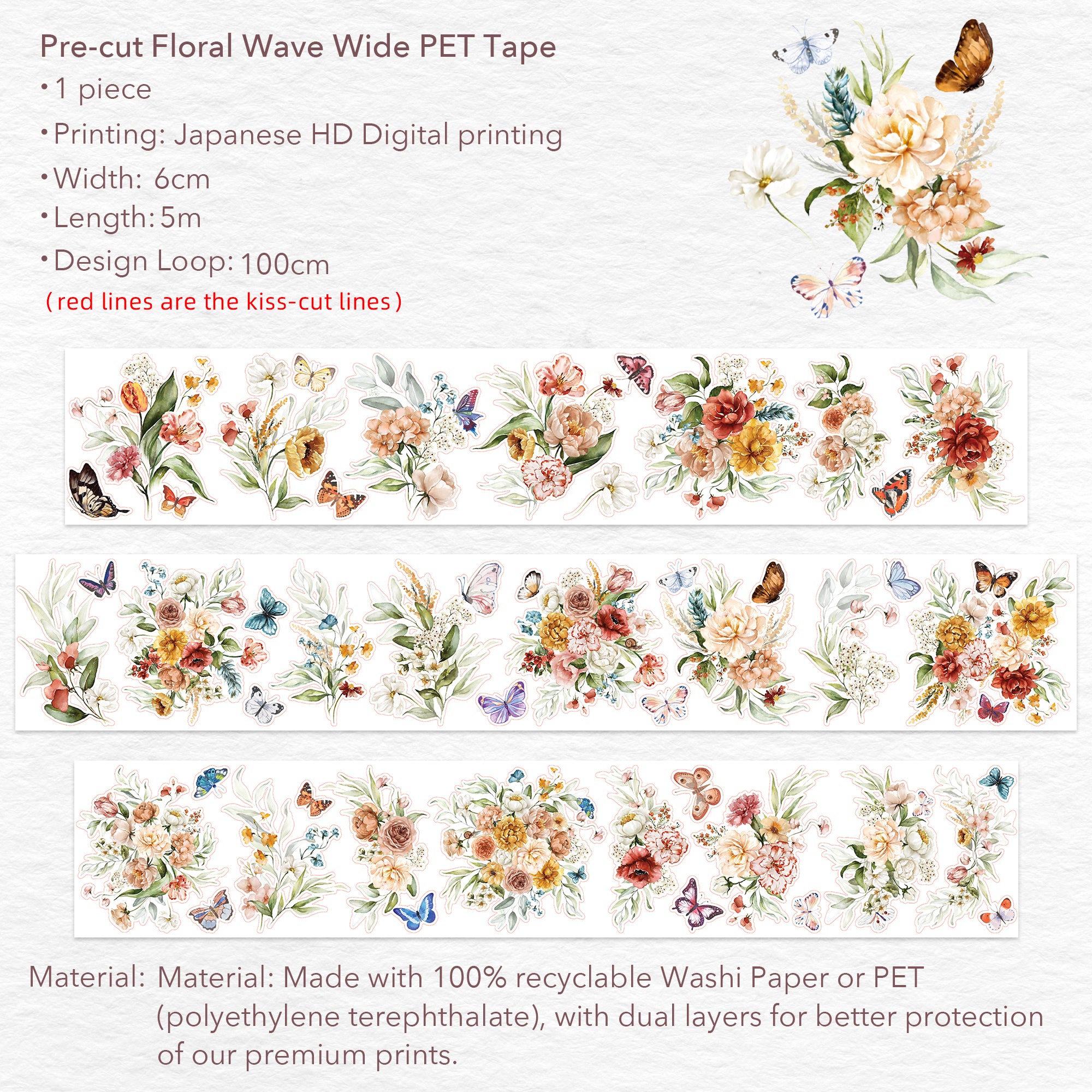 Pre-cut Floral Wave Wide Washi/PET Tape