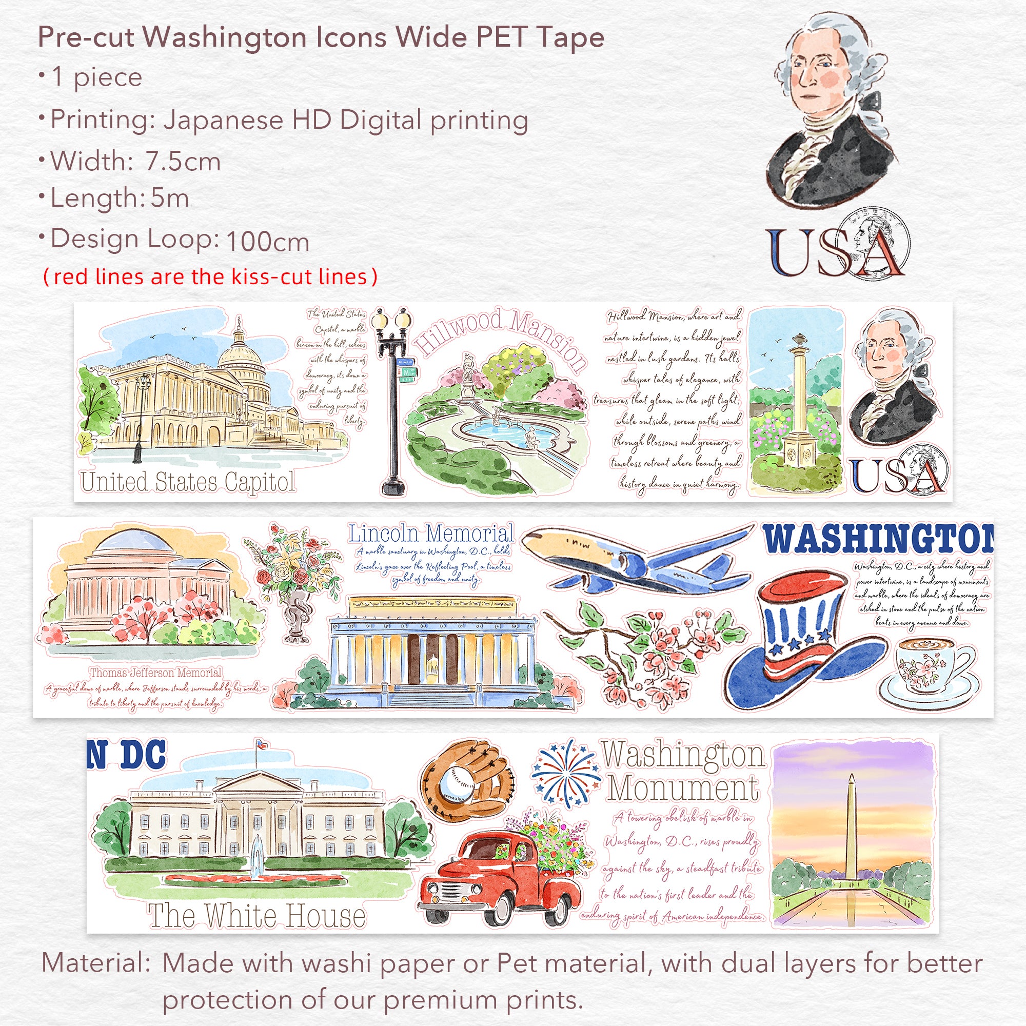 Pre-cut Washington Icons Wide Washi/PET Tape