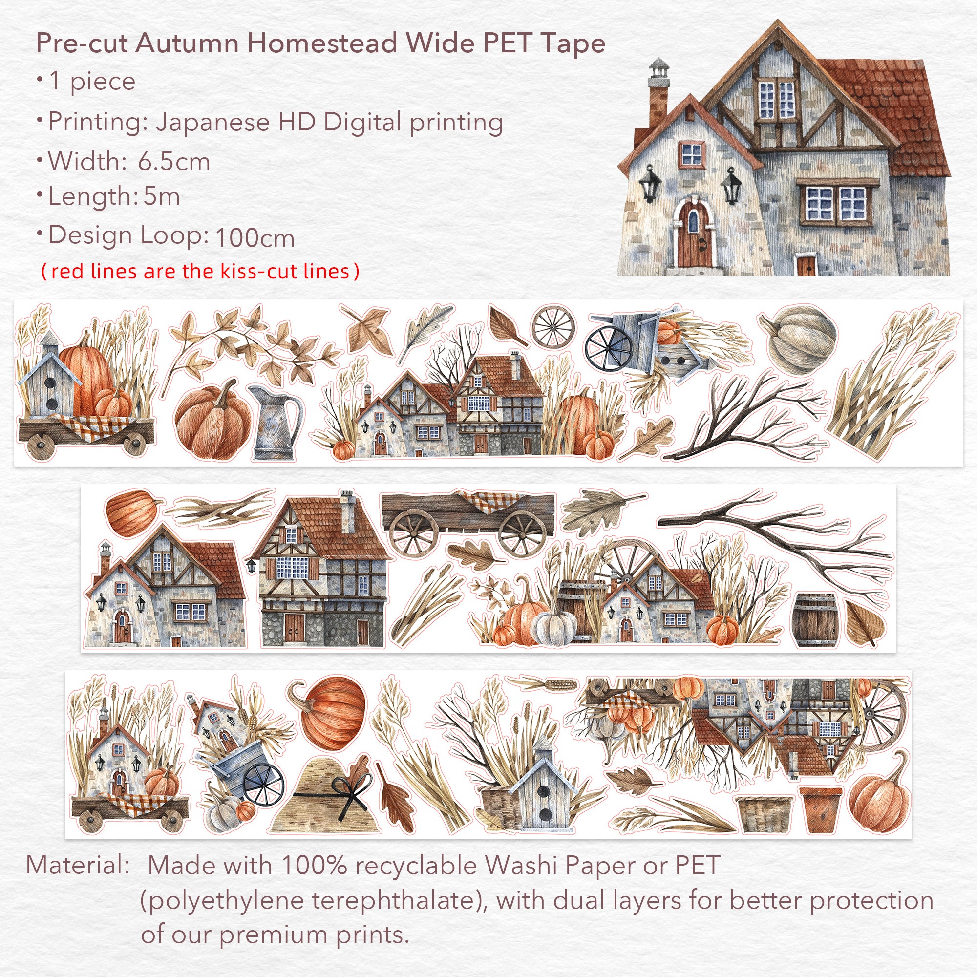 Pre-cut Autumn Homestead Wide Washi/PET Tape