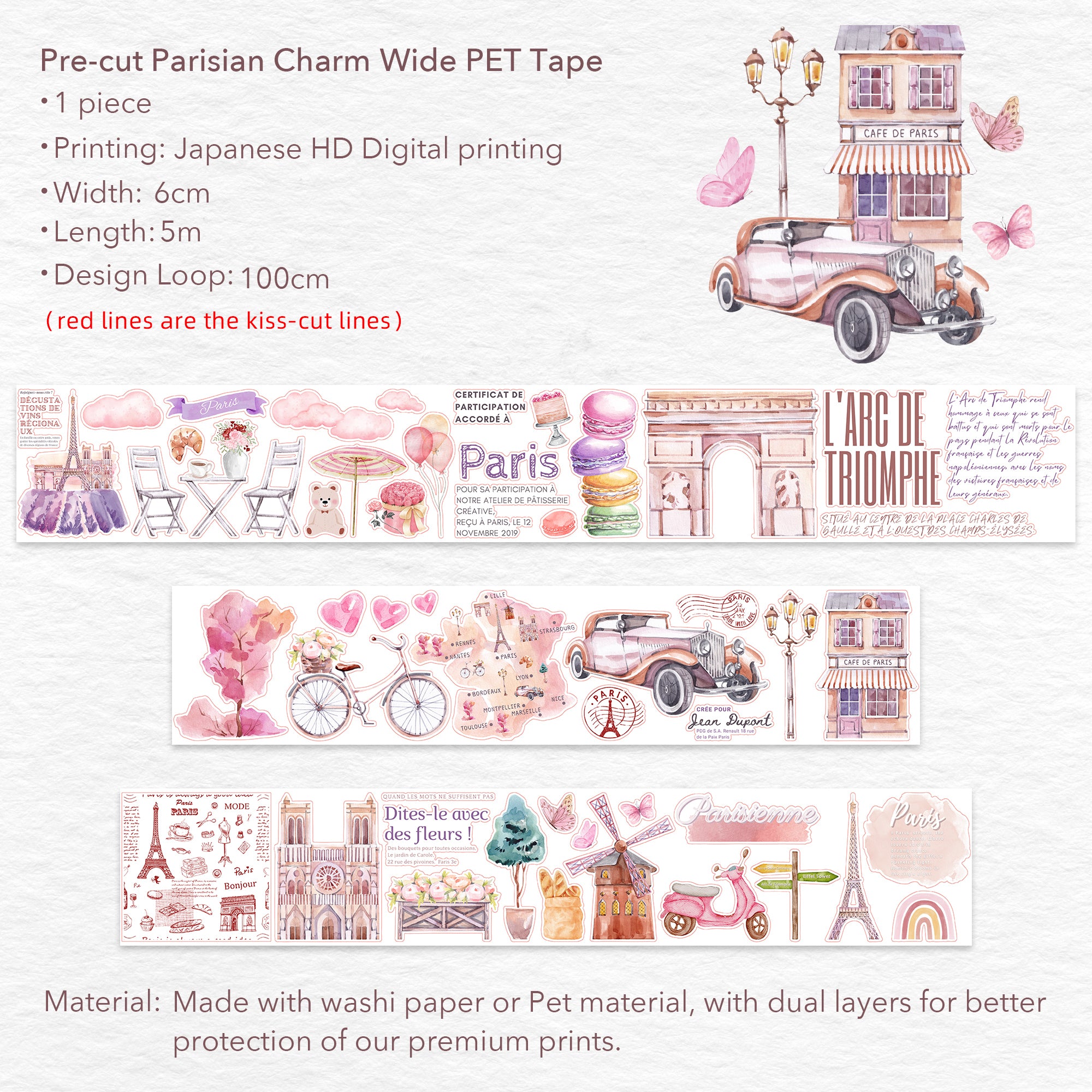 Pre-cut Parisian Charm Wide Washi / PET Tape