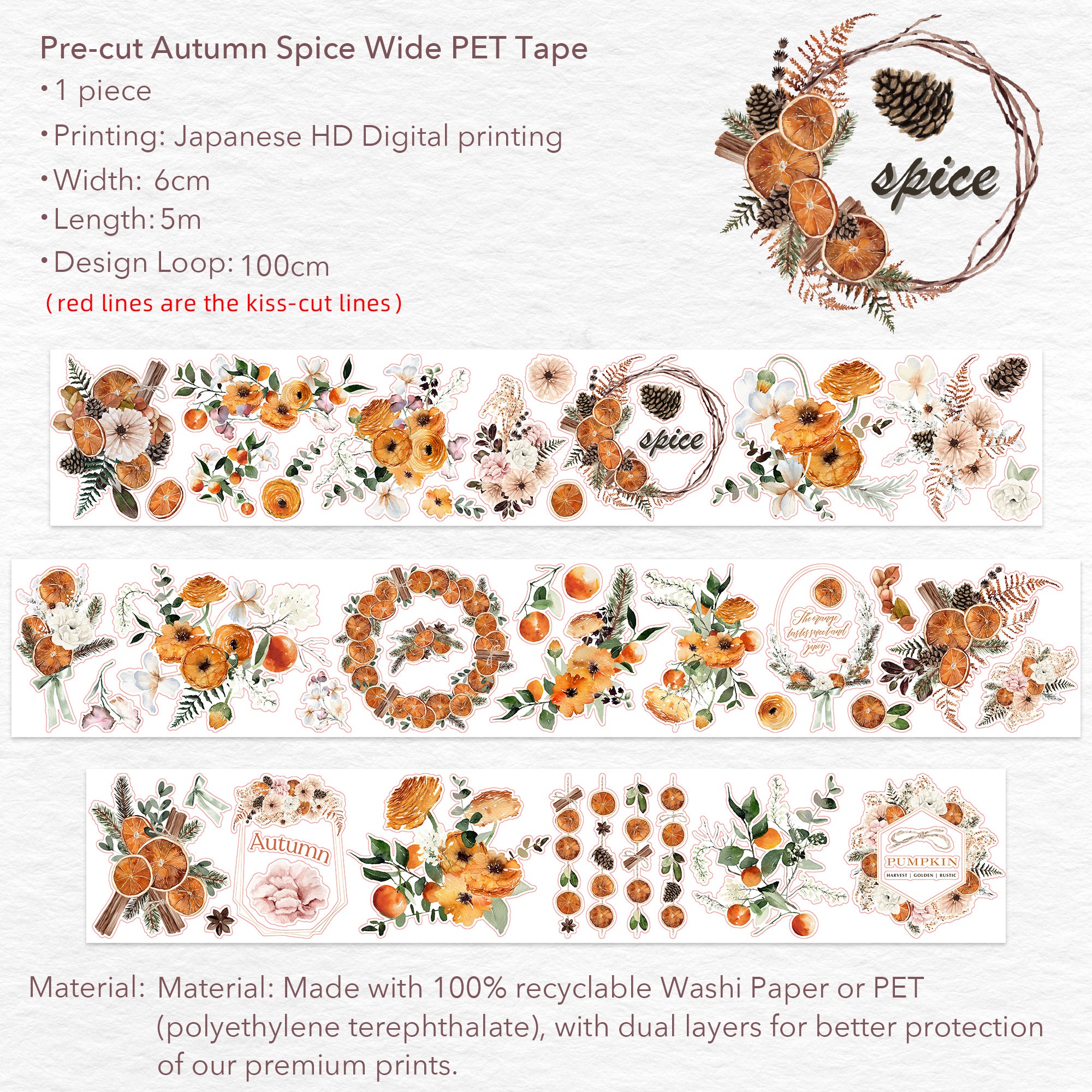 Pre-cut Autumn Spice Wide Washi/PET Tape