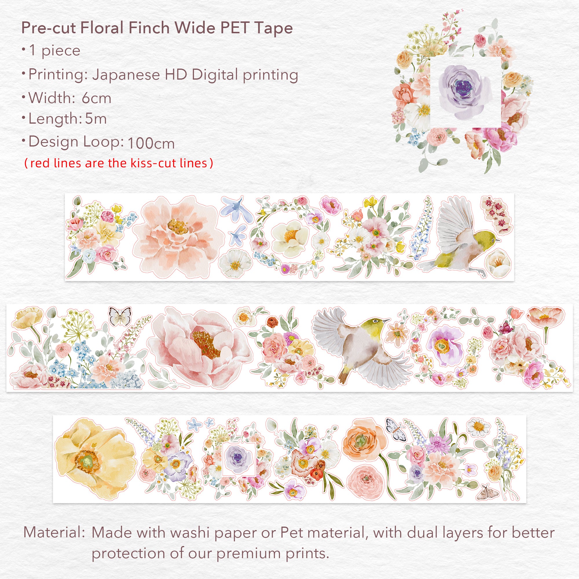 Pre-cut Floral Finch Wide Washi/PET Tape | The Washi Tape Shop. Beautiful Washi and Decorative Tape For Bullet Journals, Gift Wrapping, Planner Decoration and DIY Projects