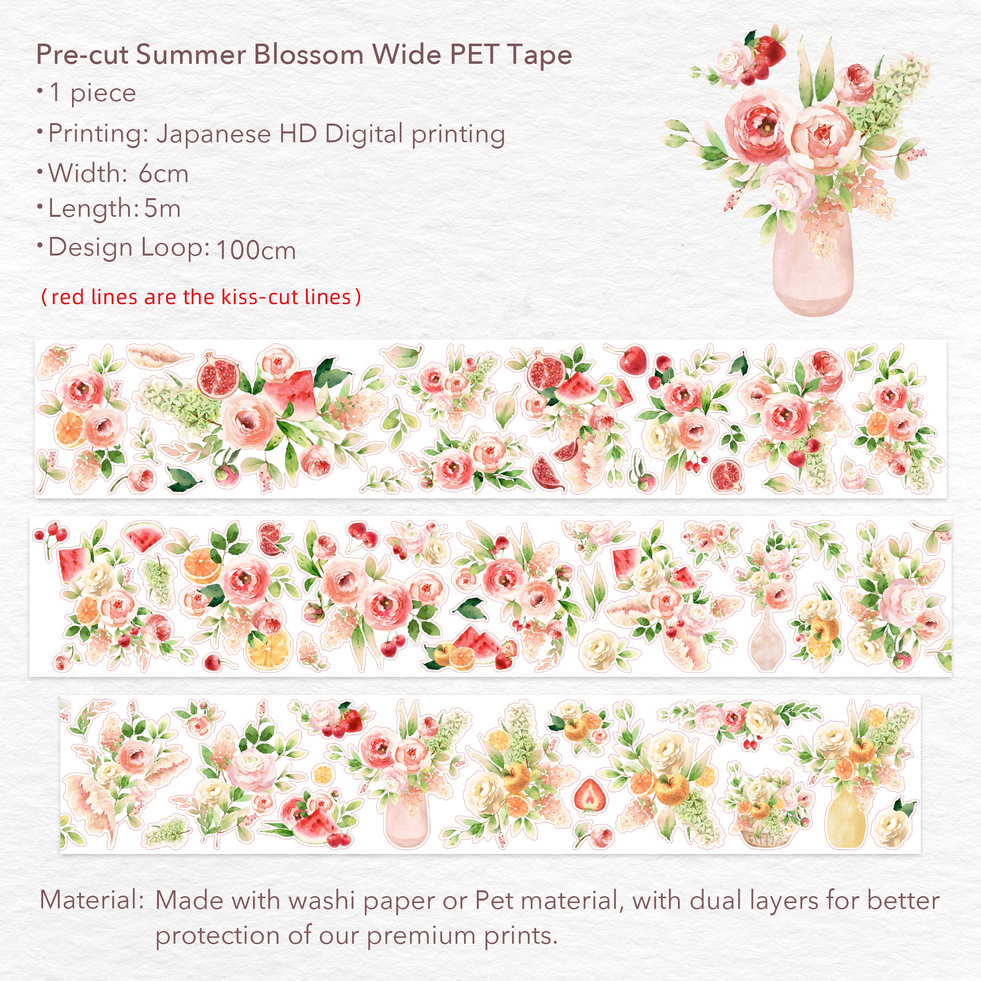 Pre-cut Summer Blossom Wide Washi/PET Tape