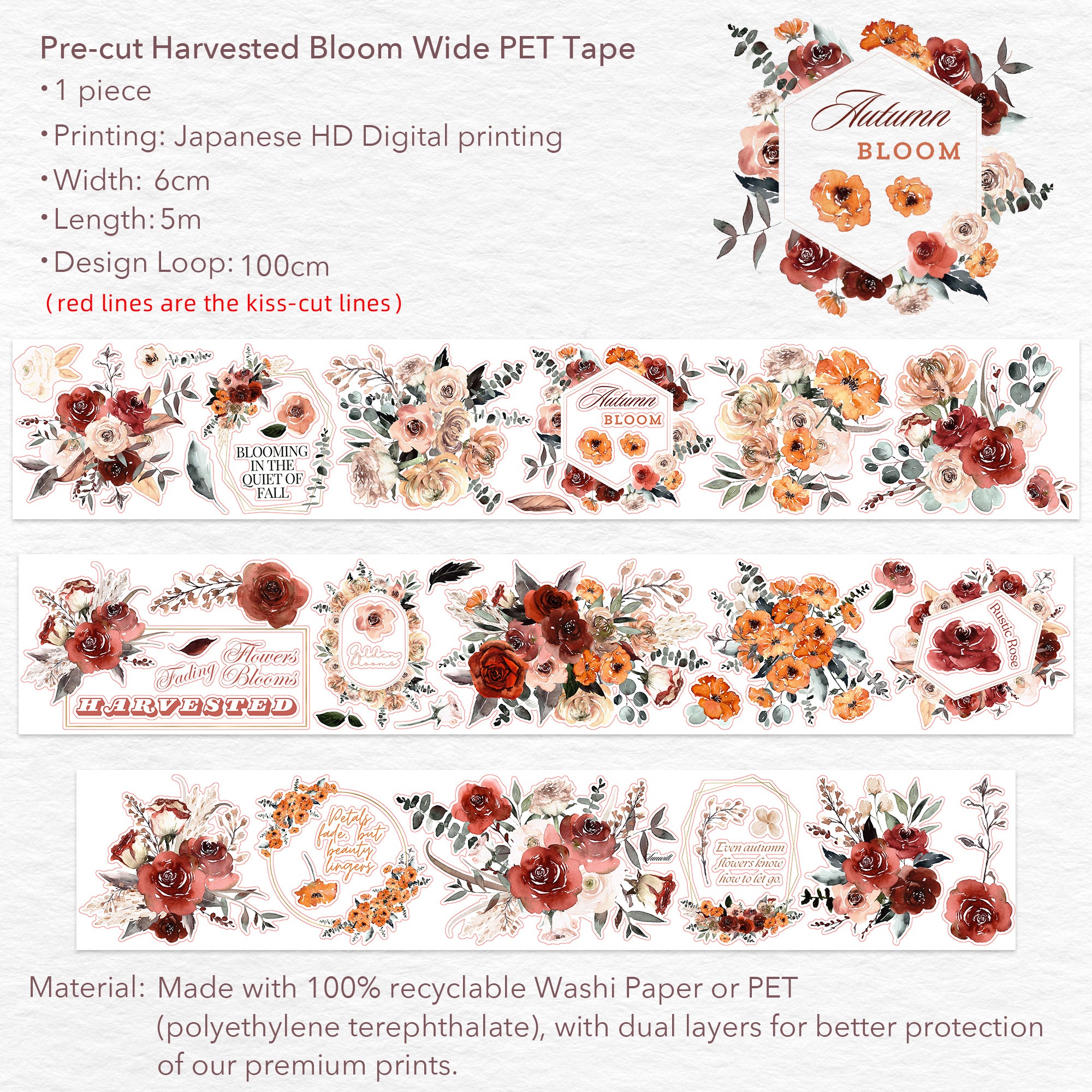 Pre-cut Harvested Bloom Wide Washi/PET Tape | The Washi Tape Shop. Beautiful Washi and Decorative Tape For Bullet Journals, Gift Wrapping, Planner Decoration and DIY Projects