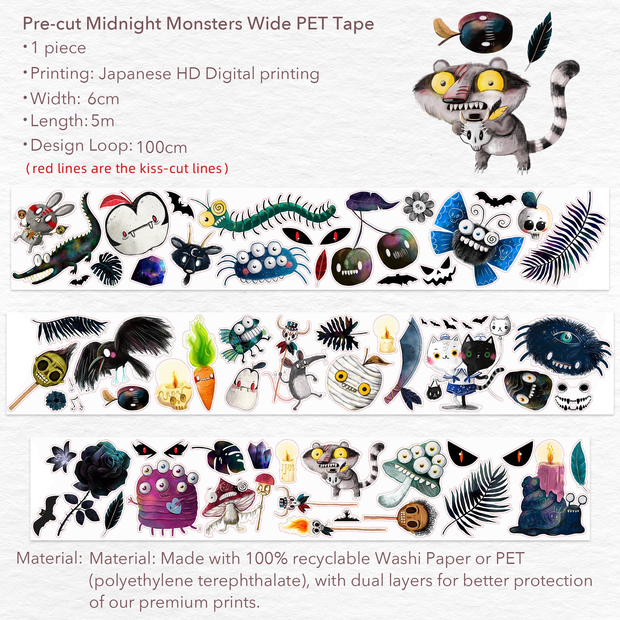 Pre-cut Midnight Monsters Wide Washi/PET Tape