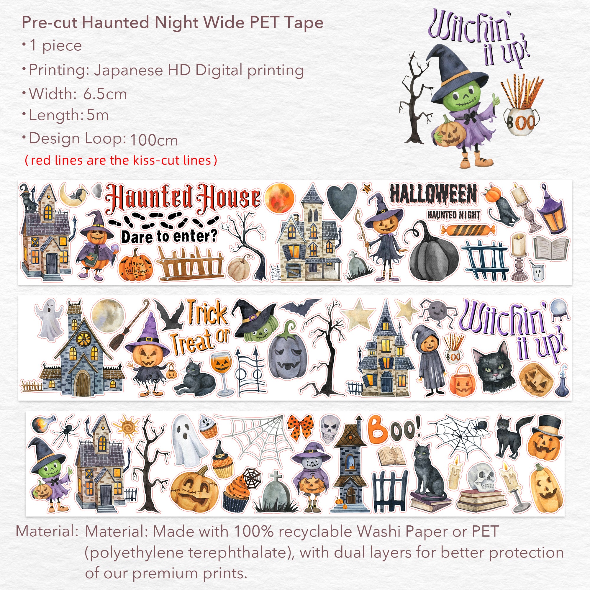 Pre-cut Haunted Night Wide Washi/PET Tape