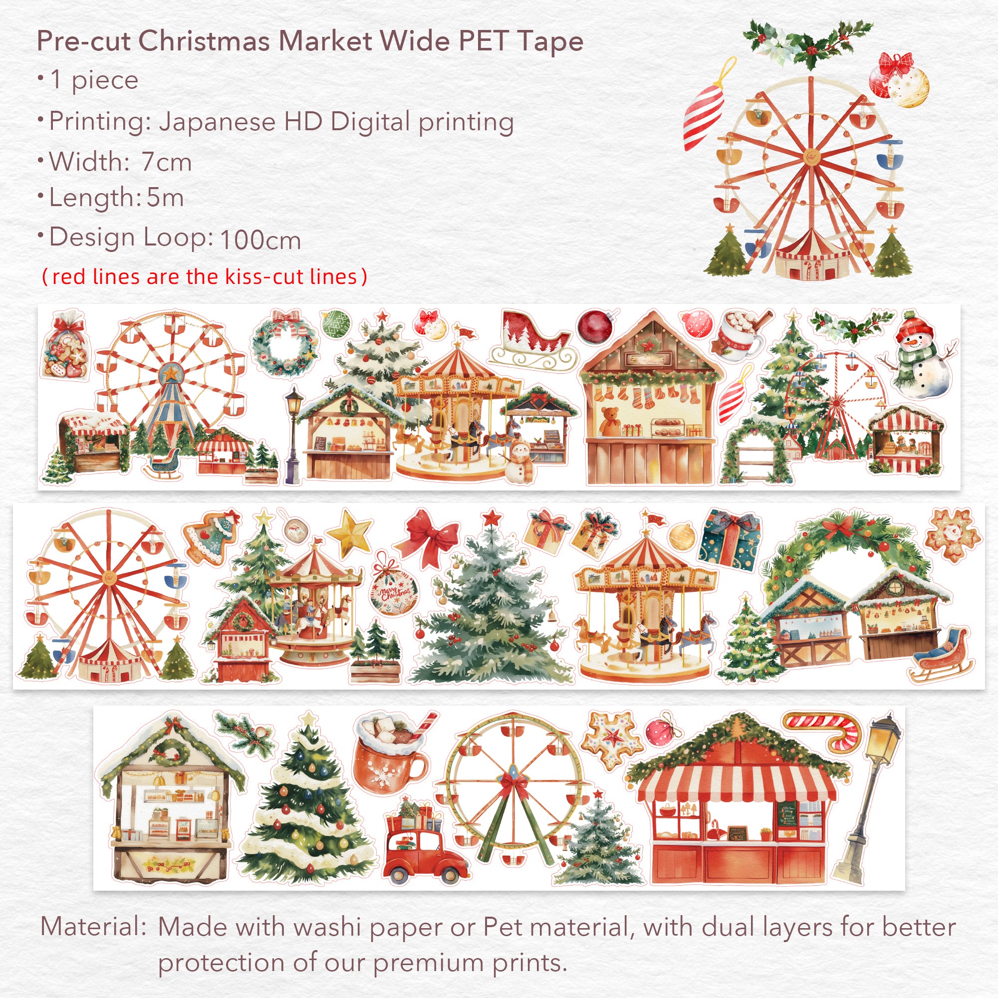 Pre-cut Christmas Market Wide Washi/PET Tape