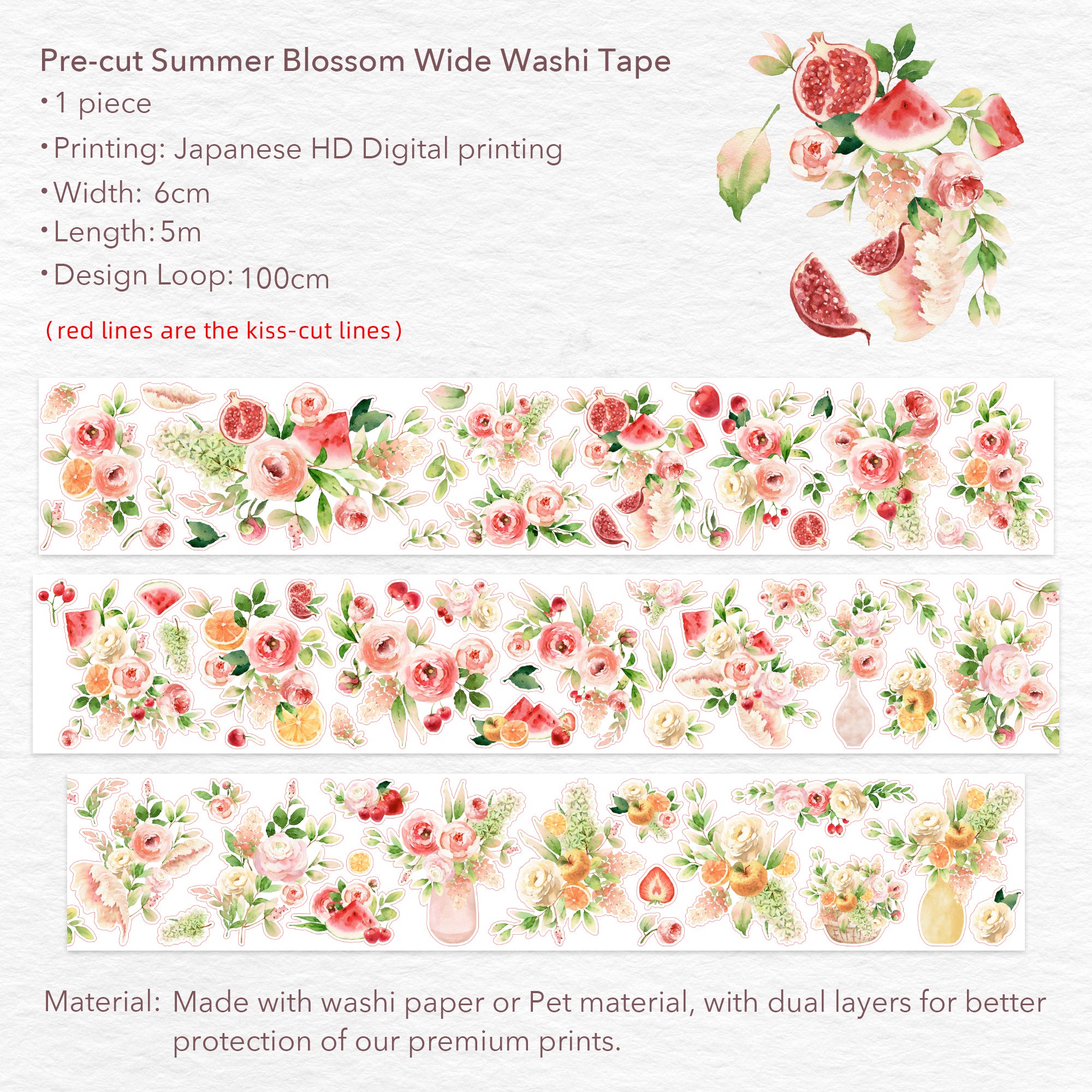 Pre-cut Summer Blossom Wide Washi/PET Tape